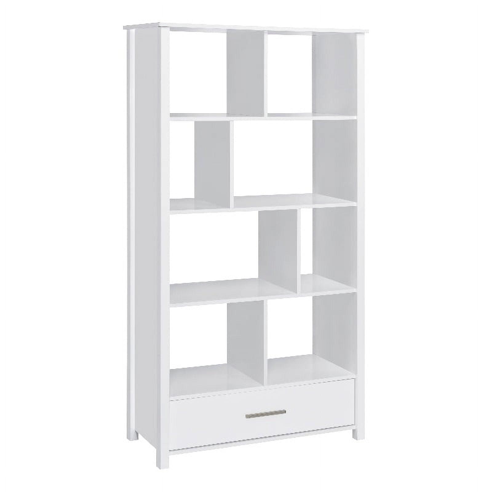 Coaster 68" Dylan 8 Shelf Bookcase with Storage Drawer White High Gloss : Laminated, Modern Design, Zinc Alloy Hardware