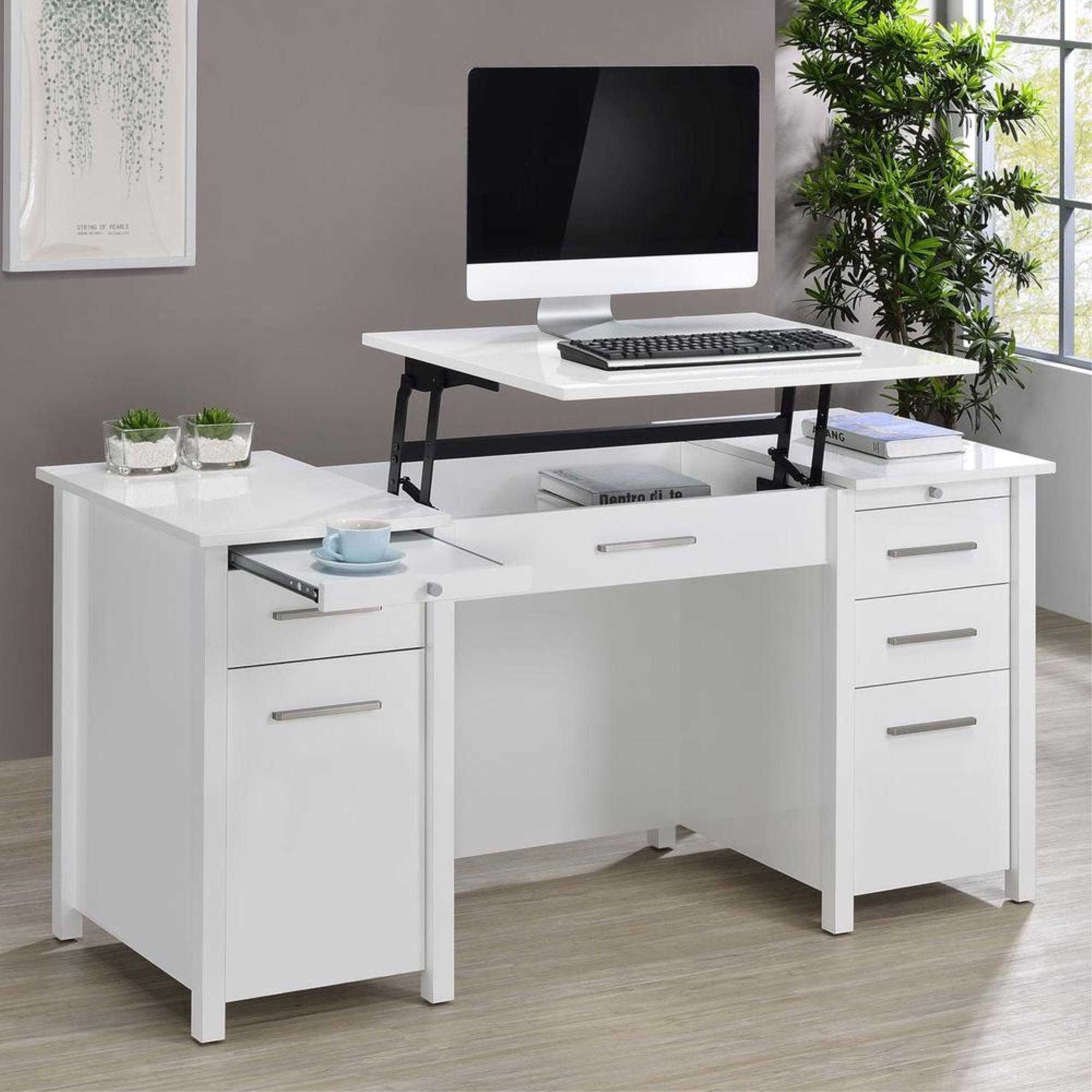 Dylan 4 Drawer Standing Office Desk with Cabinet White High Gloss - Coaster: Lift Top, Ergonomic Design, Brushed Zinc Handles