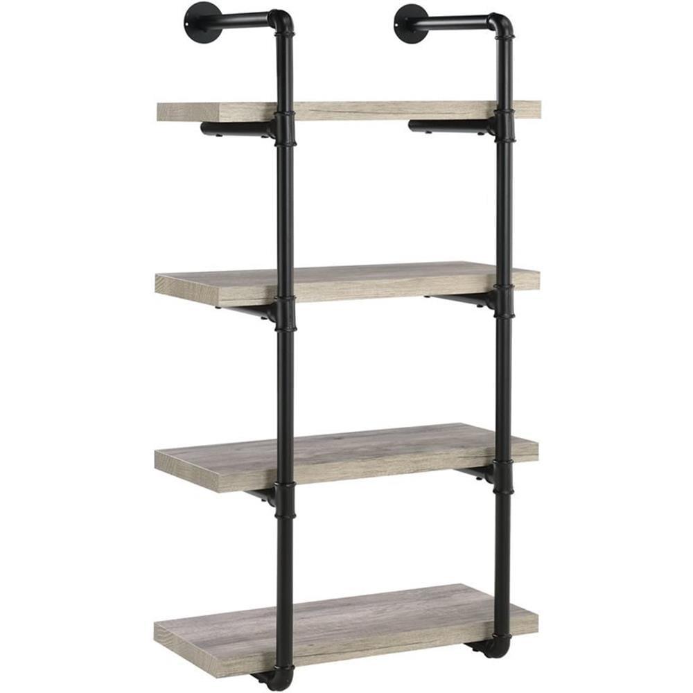 24" Elmcrest 4 Shelf Wall Bookcase with Black Frame Gray Driftwood - Coaster: Industrial Style, Laminated Steel & MDF