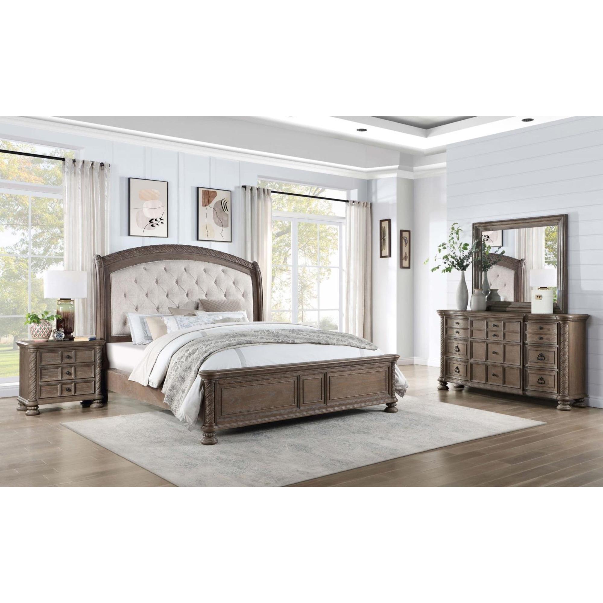 Emmett Walnut and Beige 4-Piece Queen Bedroom Set with Tufted Headboard