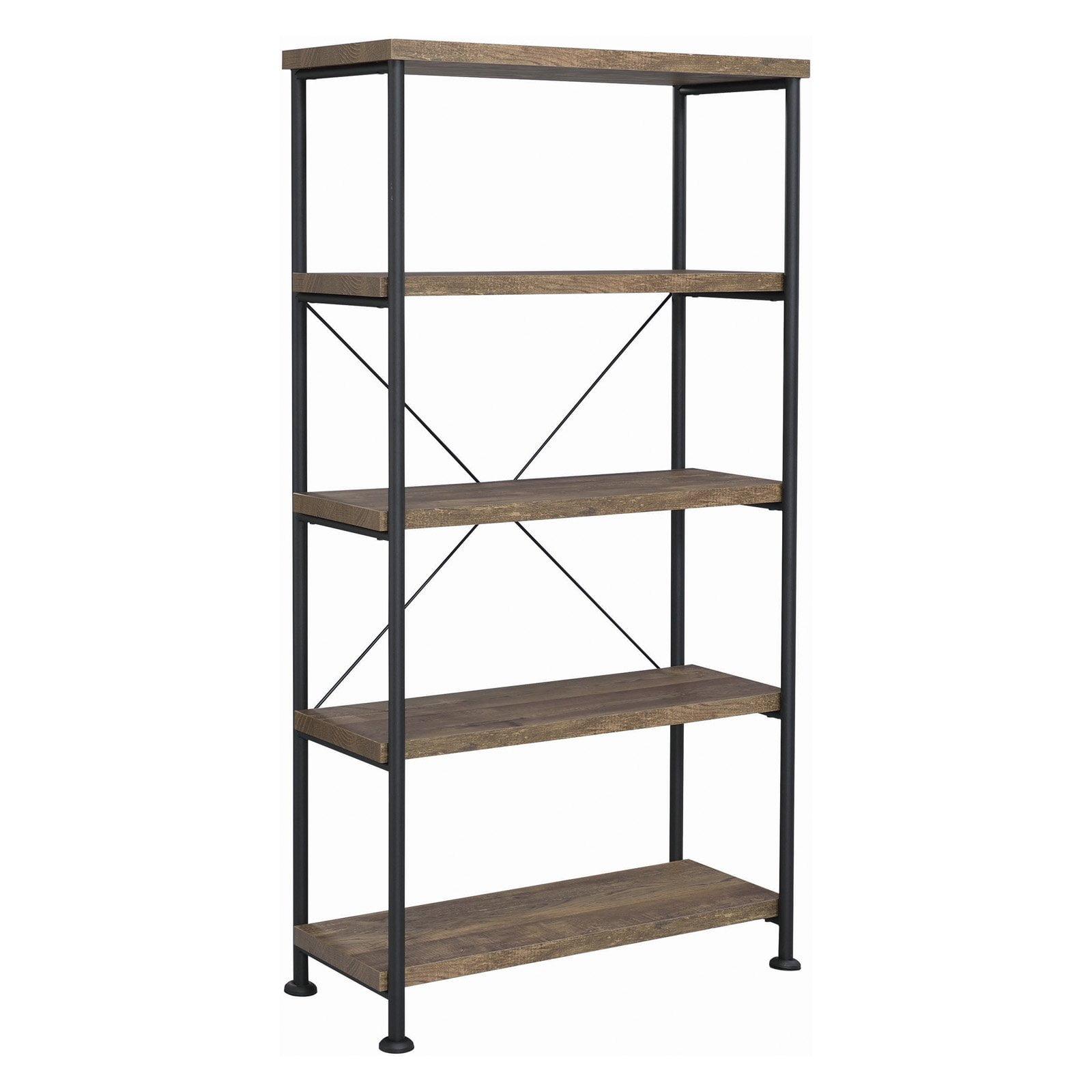 Transitional Rustic Oak and Black Steel 4-Shelf Bookcase