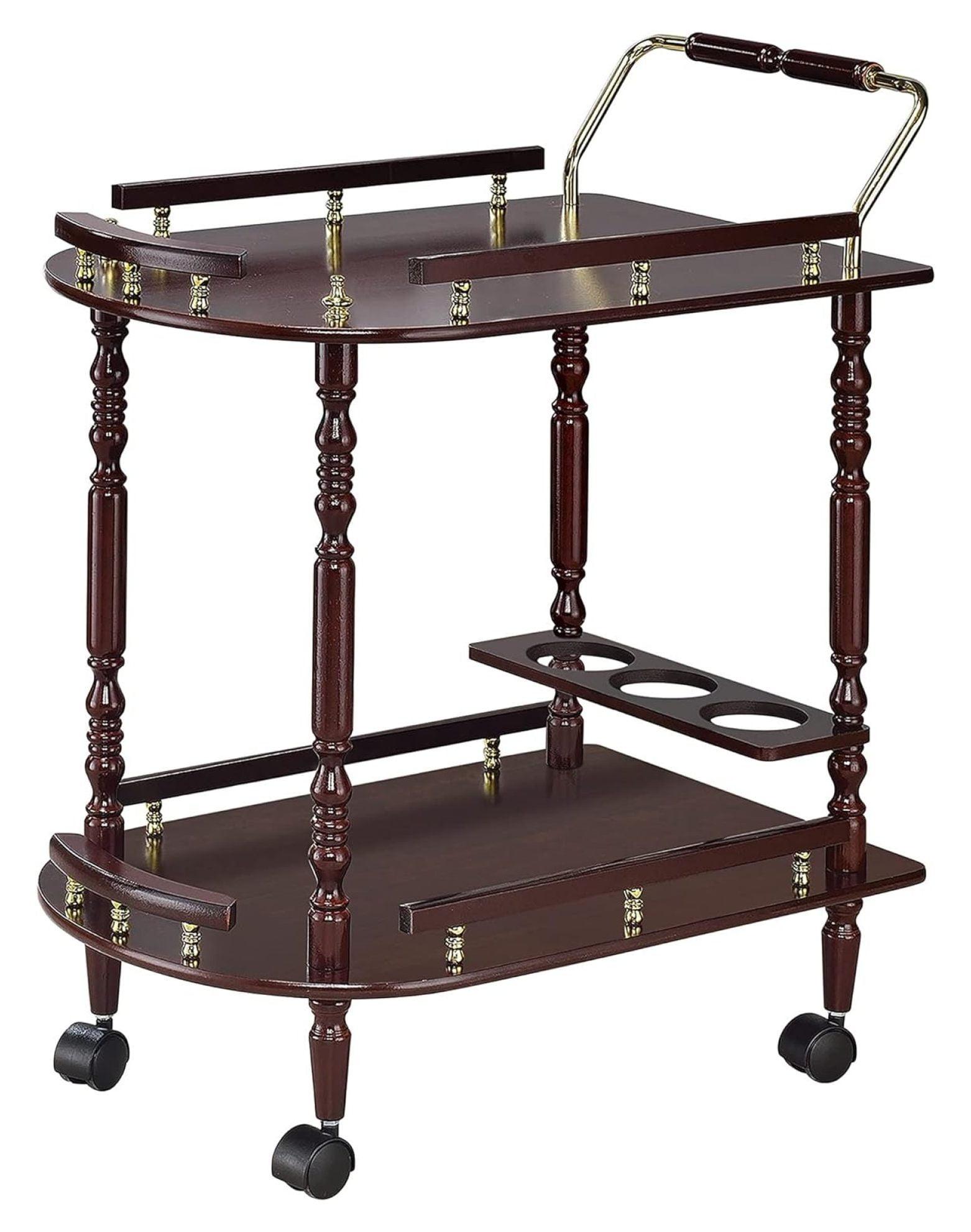 Elegant Merlot and Brass Round Serving Cart with Wine Storage