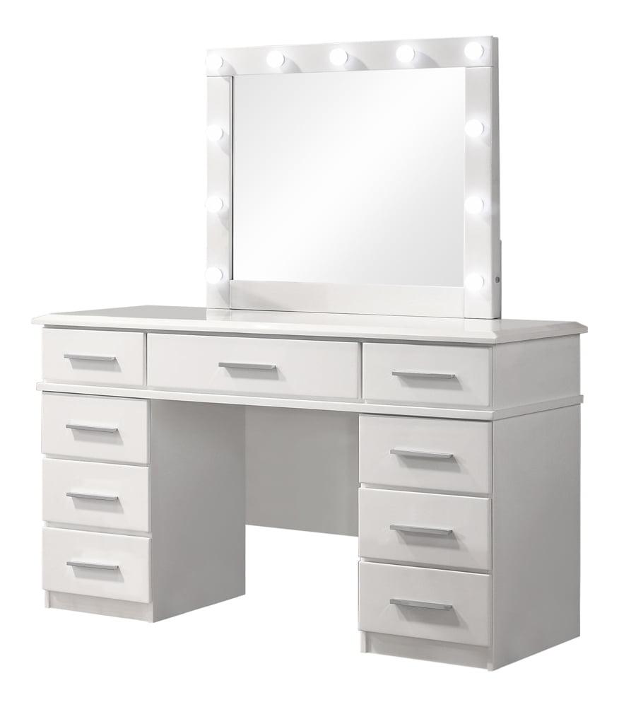 Contemporary Glossy White Vanity Desk with Lighted Hollywood Mirror