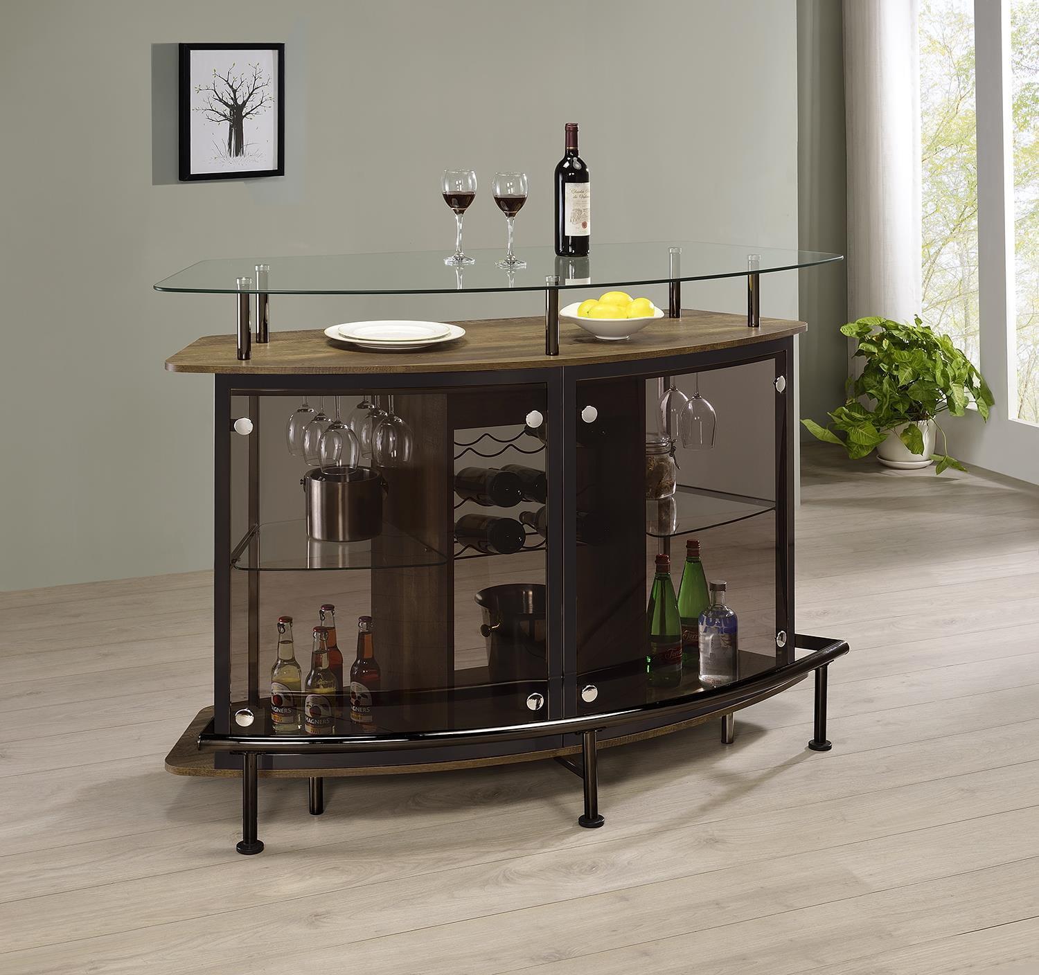 Coaster Gideon Glass Top Wood Bar Unit Brown Oak and Black Nickel