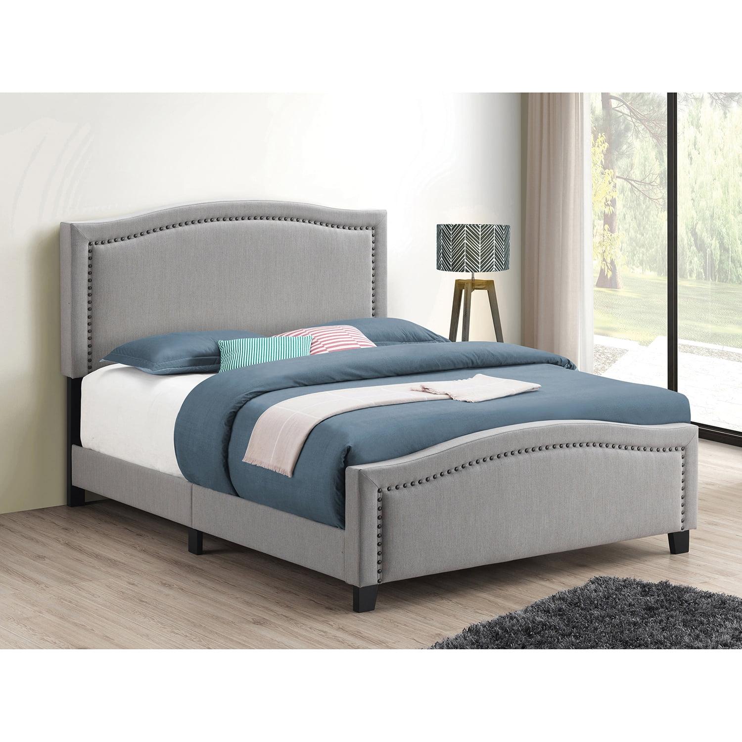 Gray Linen Upholstered King Bed with Nailhead Trim