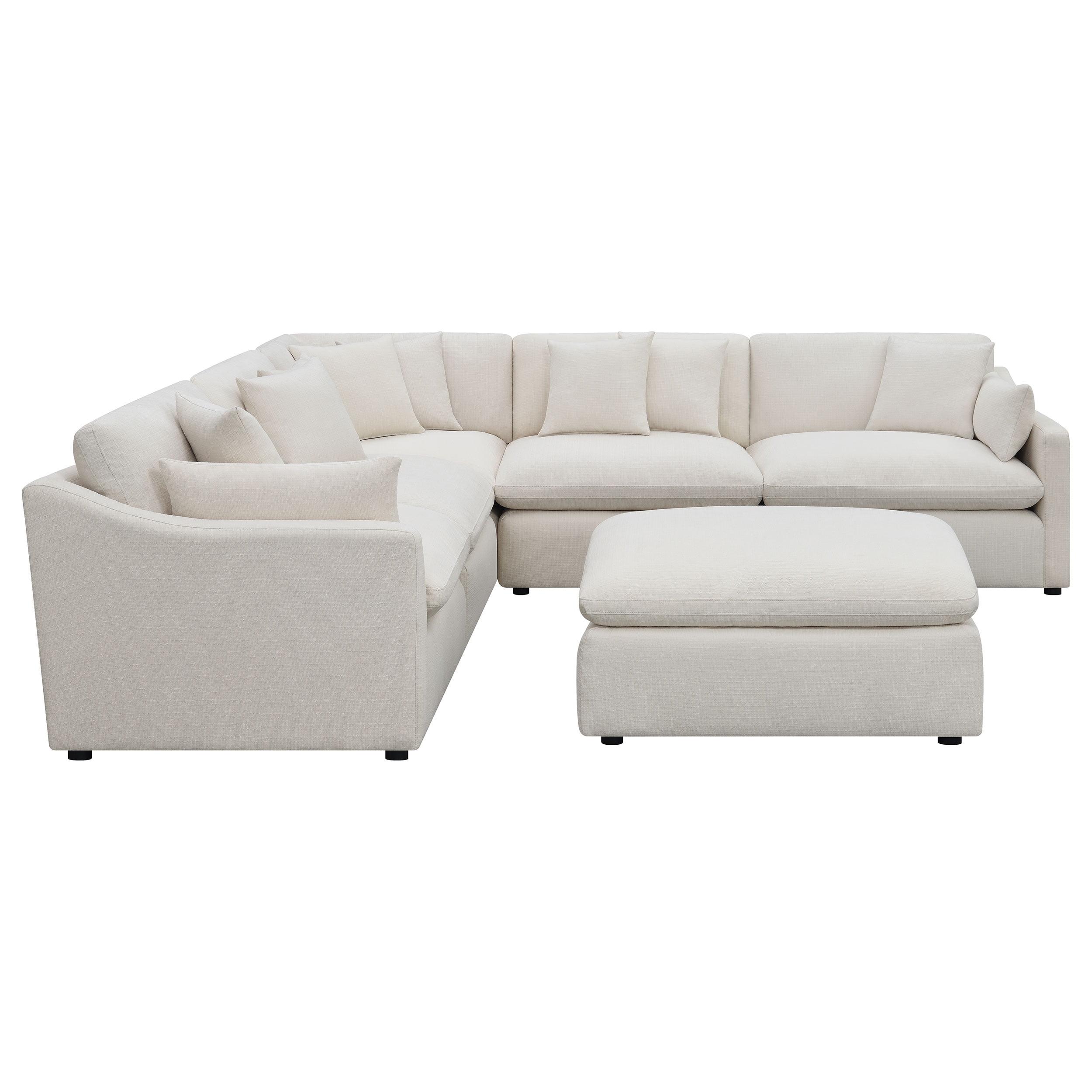 Beige Fabric Six-Piece Sectional Sofa with Ottoman