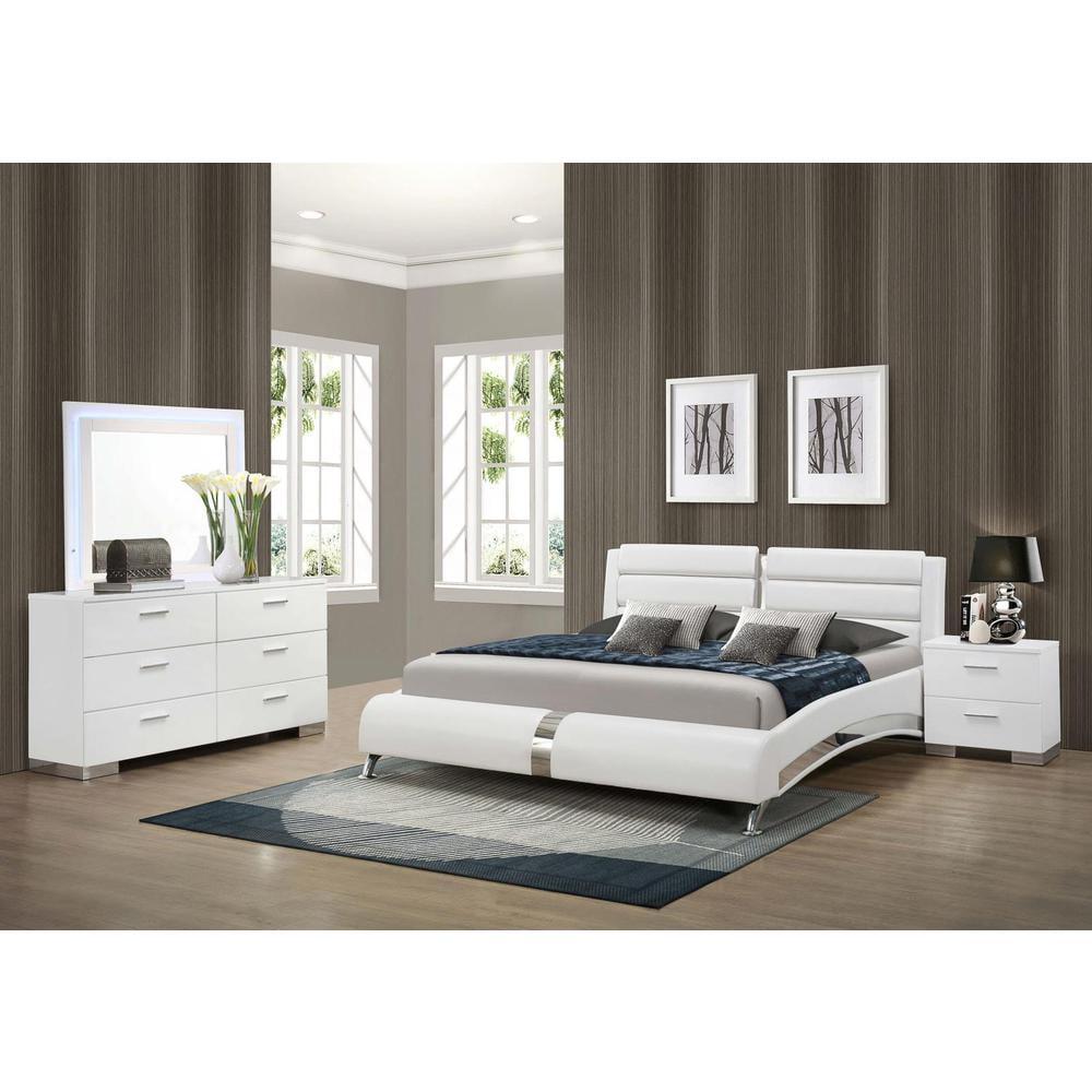 Jeremaine White Faux Leather Queen Bedroom Set with LED Mirror