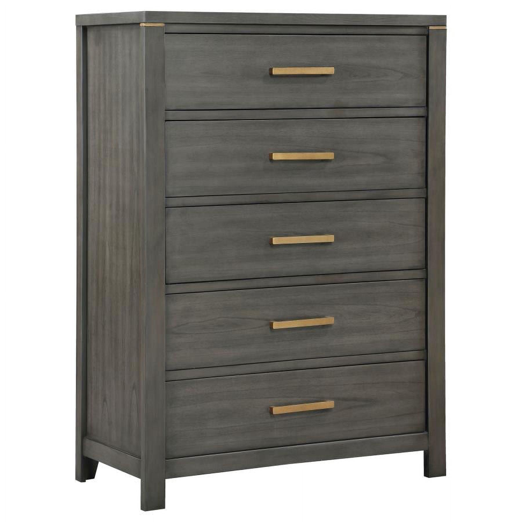 Gray Pine 5-Drawer Vertical Bedroom Chest with Brass Accents