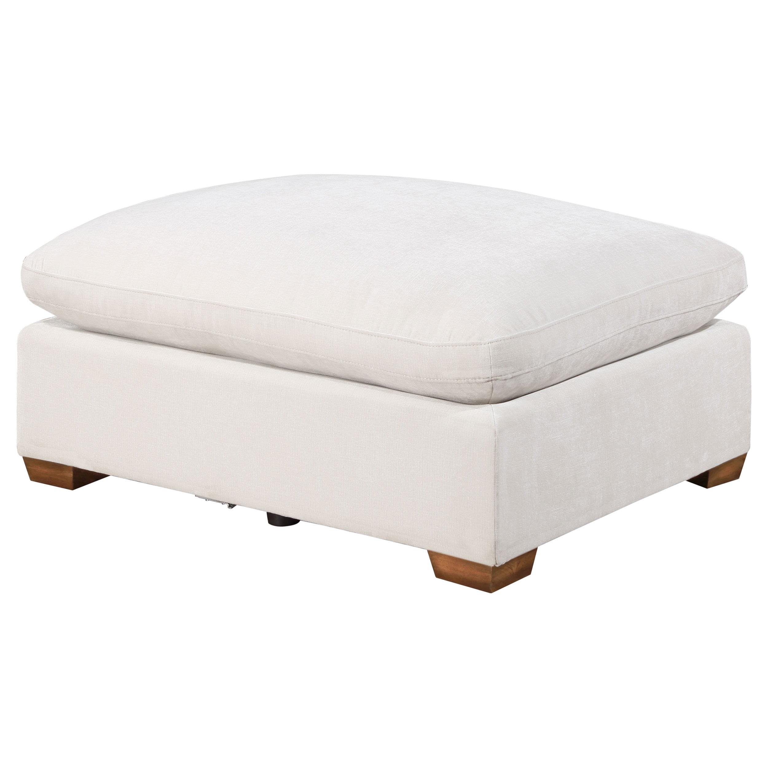 Ivory Transitional Fabric Upholstered Ottoman with Wooden Base