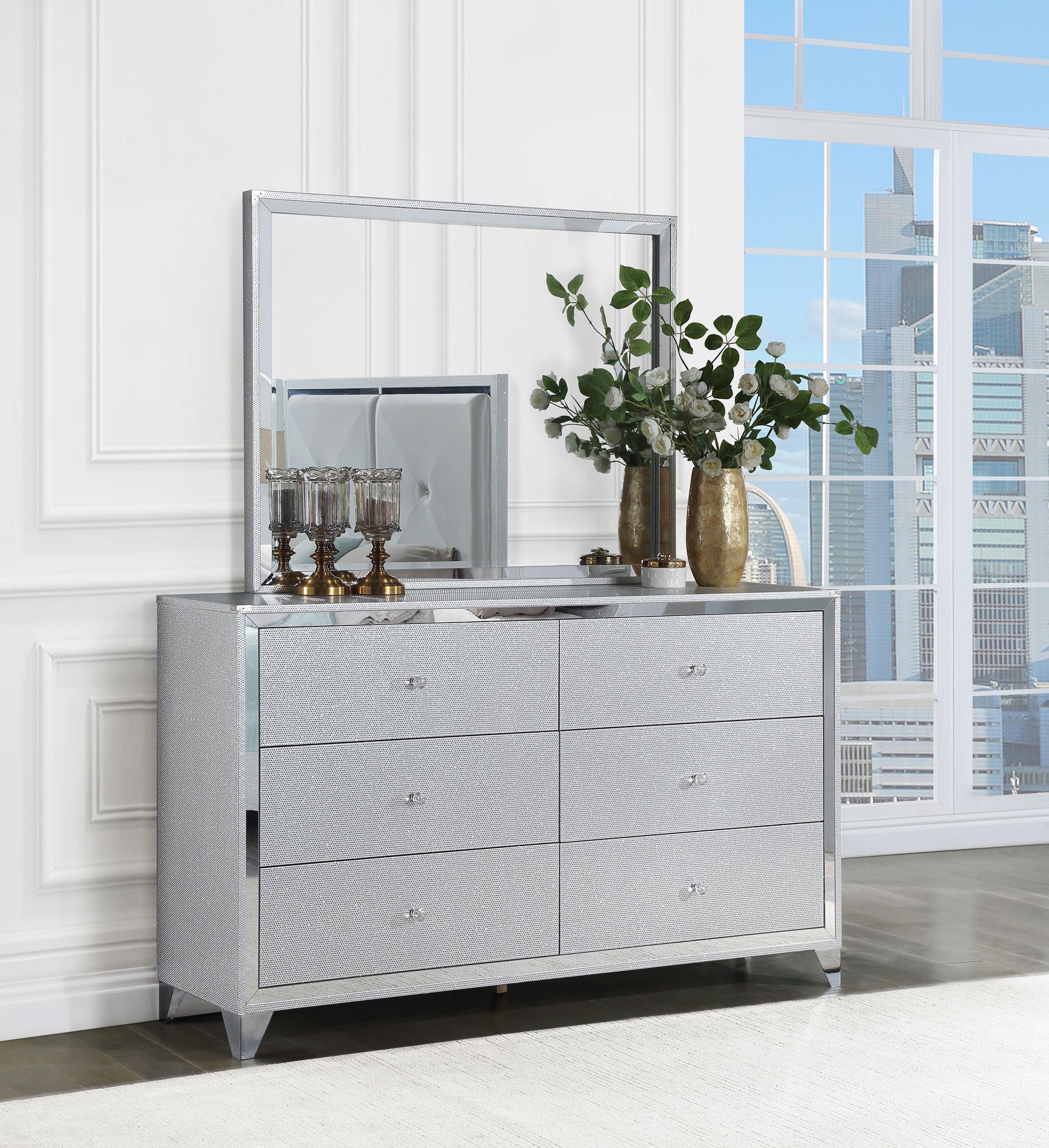 Silver 6-Drawer Dresser with Mirror and Crystal Pulls