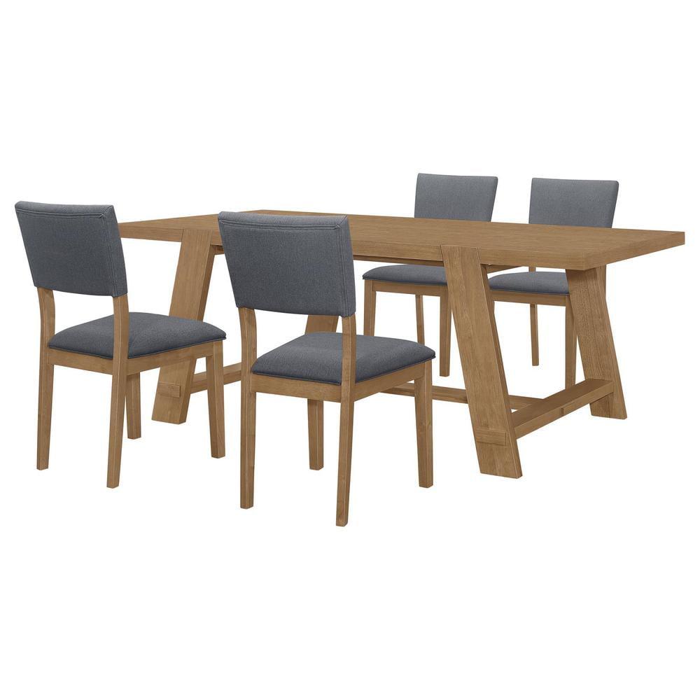 Brown Rectangular Trestle Dining Table Set with Blue Chairs