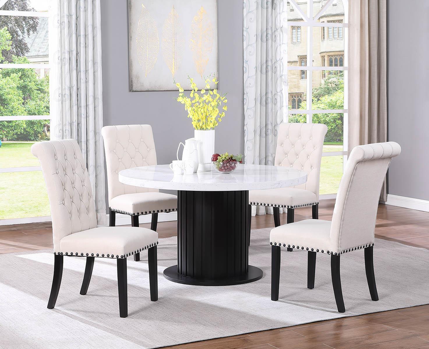 54" Round White Marble Dining Set with Beige Upholstered Chairs