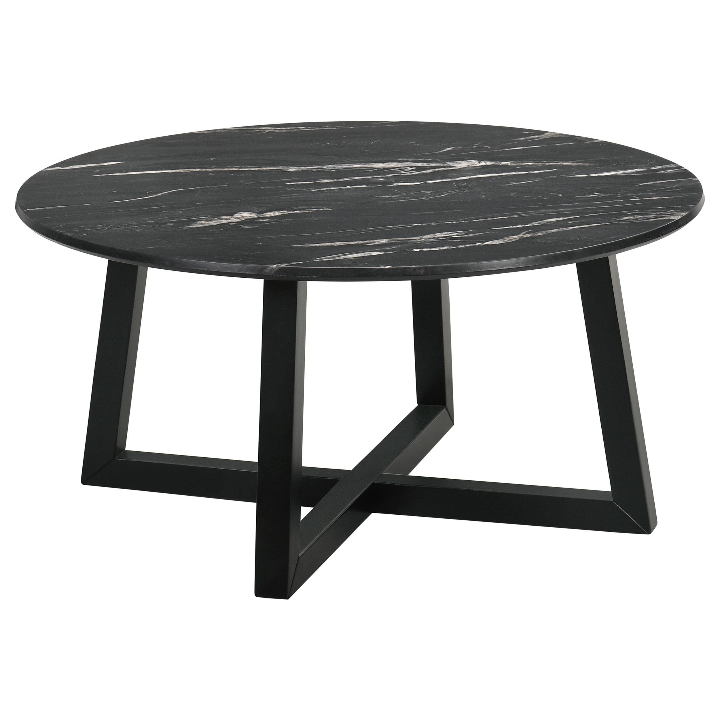 Round Black Faux Marble and Light Oak Coffee Table