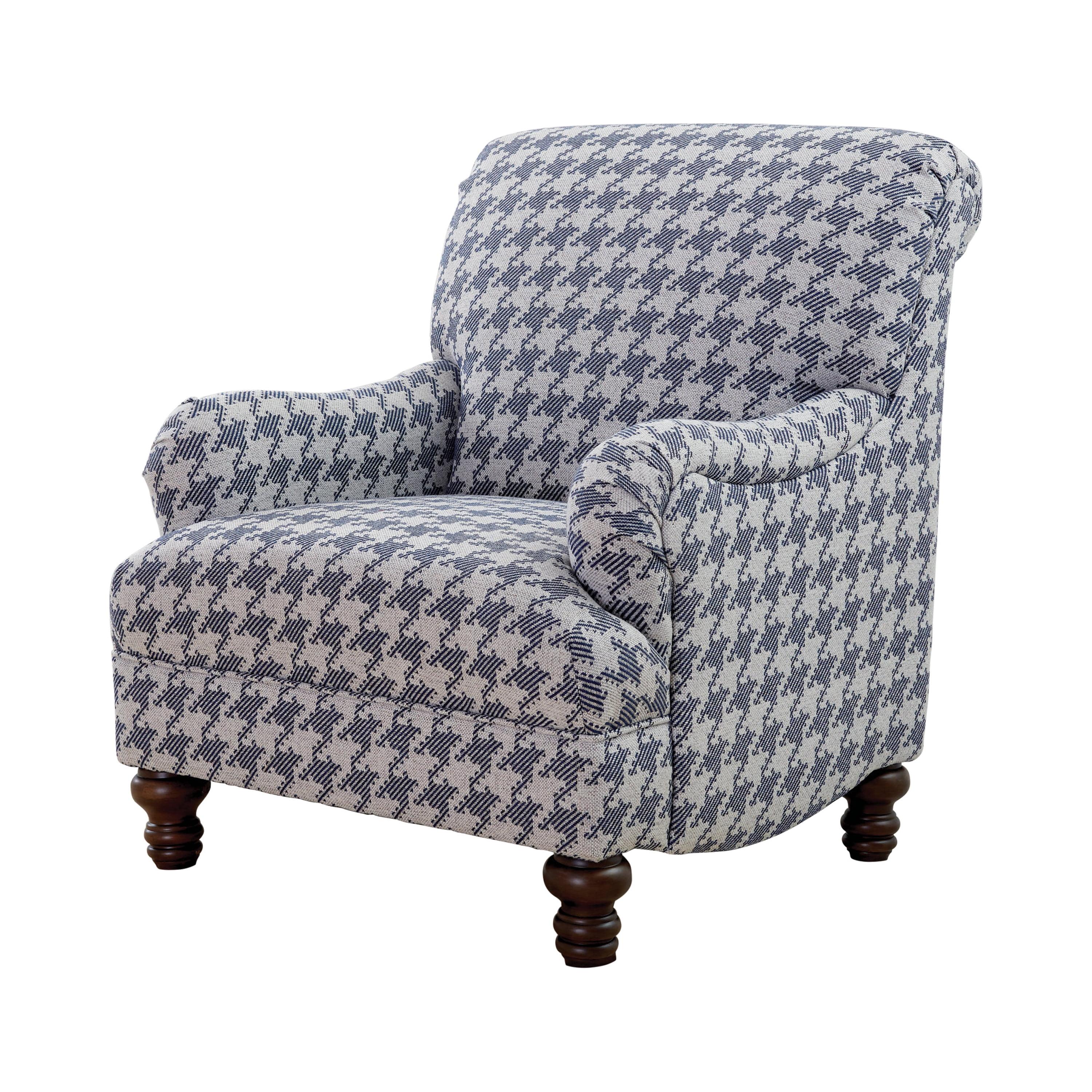 Transitional Blue Houndstooth Accent Chair with Espresso Turned Legs