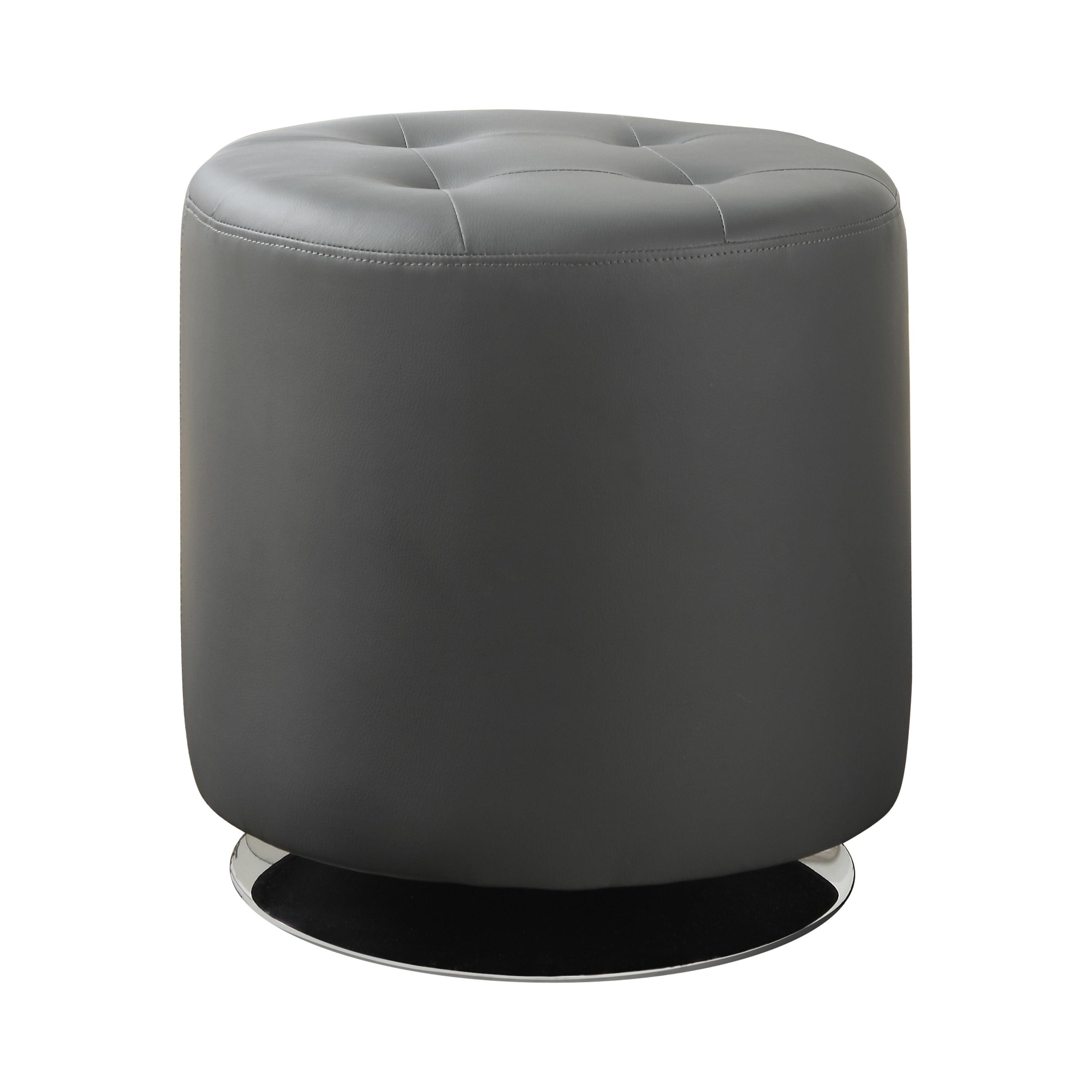 Gray Tufted Round Faux Leather Swivel Ottoman