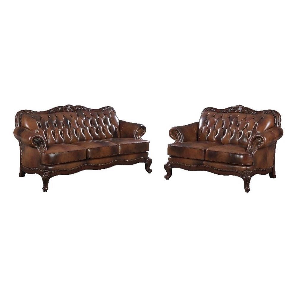 Coaster Victoria 2-Piece Leather Tufted Sofa with Rolled Arms Sofa Set in Brown