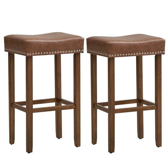 Resenkos Upholstered Bar Stools Set of 2 with Footrests for Counter-Brown, Bar Height Stools, Bar Stools for Kitchen Island for Kitchen, Dining Room