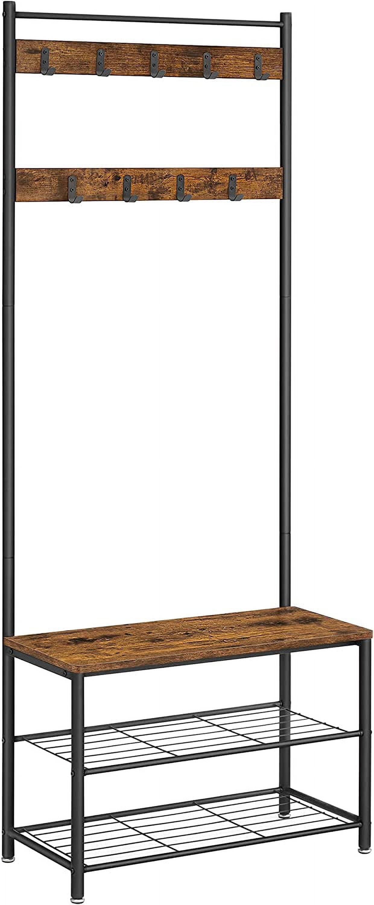 VASAGLE Hall Tree Entryway Coat Rack with Shoe Bench Rustic Walnut and Black