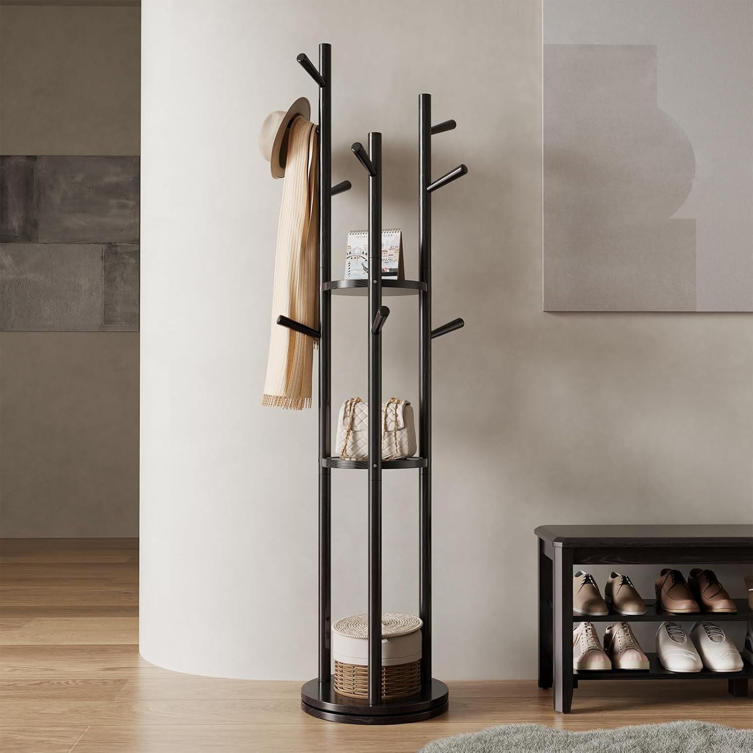 Black Solid Wood Rotary Coat Rack with Shelves and Hooks