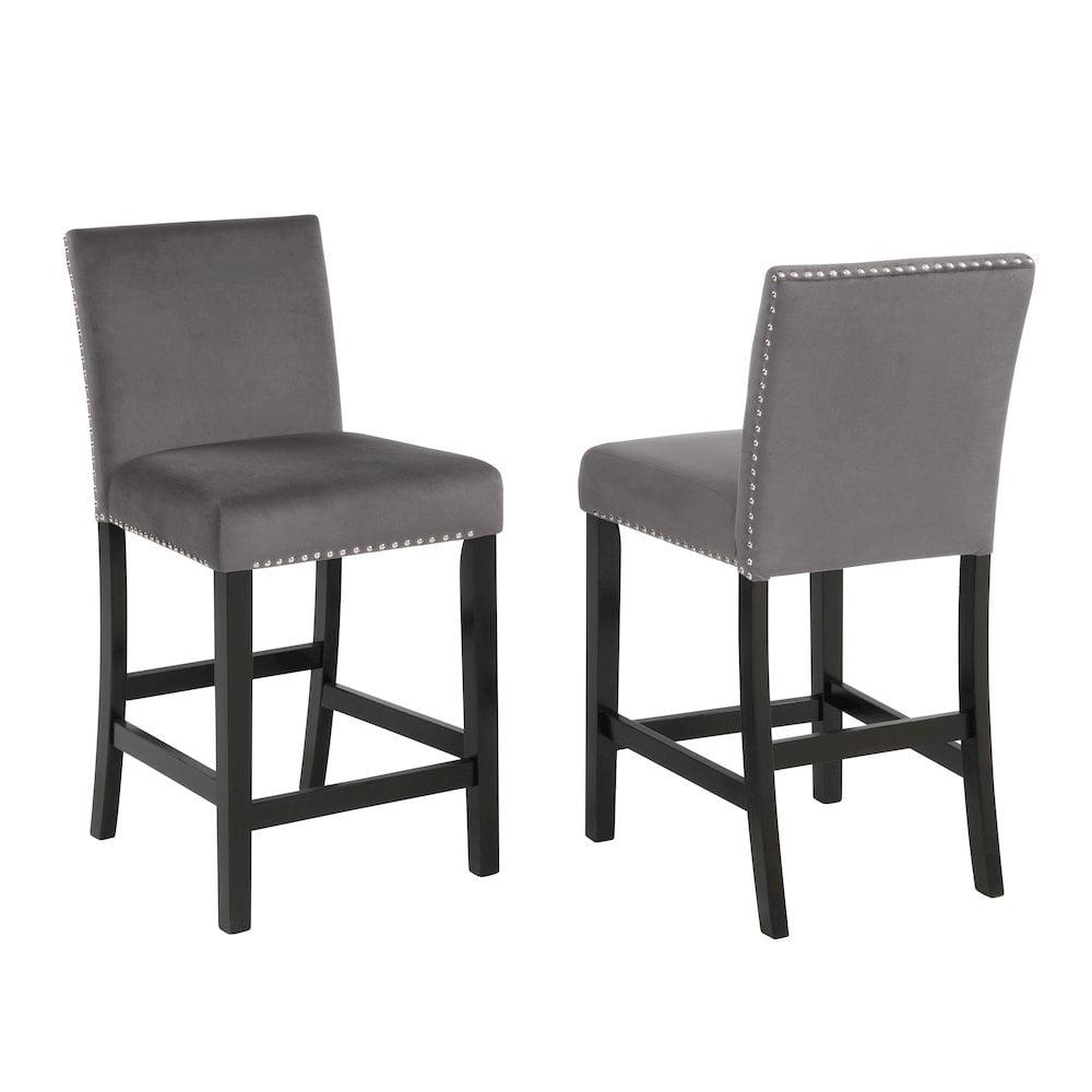 Contemporary Velvet Counter Stool With Nailhead Trim, Set Of 2, Gray