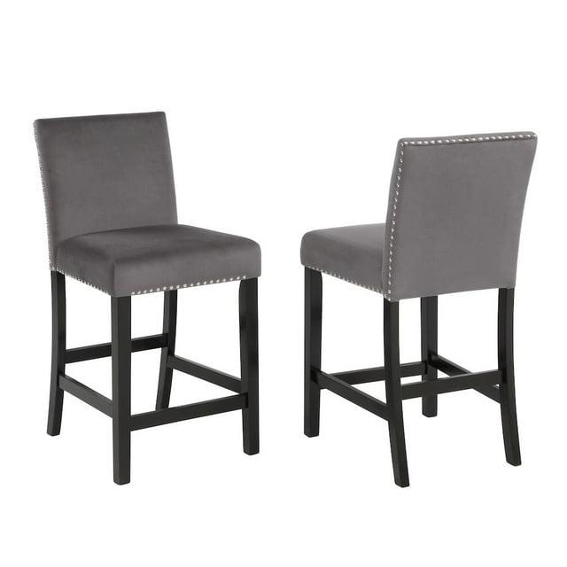 Roundhill Furniture Cobre Contemporary Velvet Counter Stool with Nailhead Trim, Gray, Set of 2