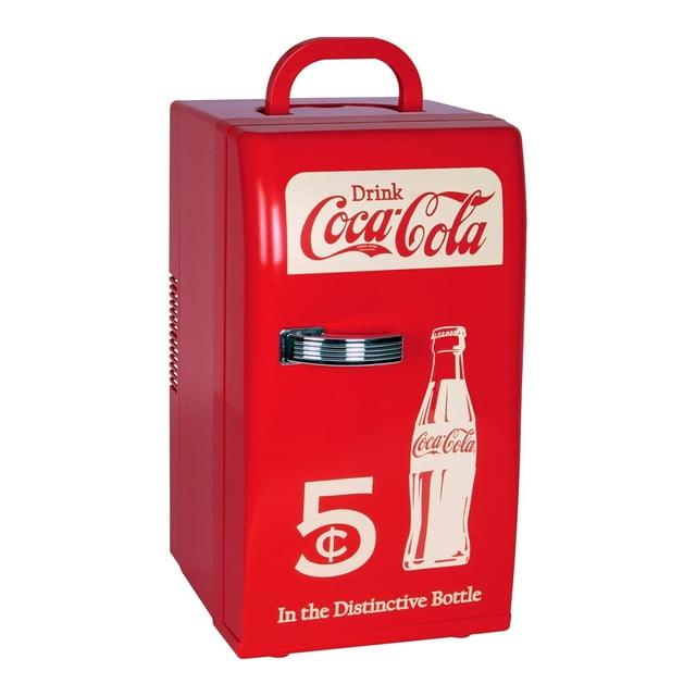 Coca-Cola Retro 18 Can Mini Fridge w/ 12V DC and 110V AC Cords, 22L (23 qt), Portable Cooler, Red, Travel Fridge for Drinks