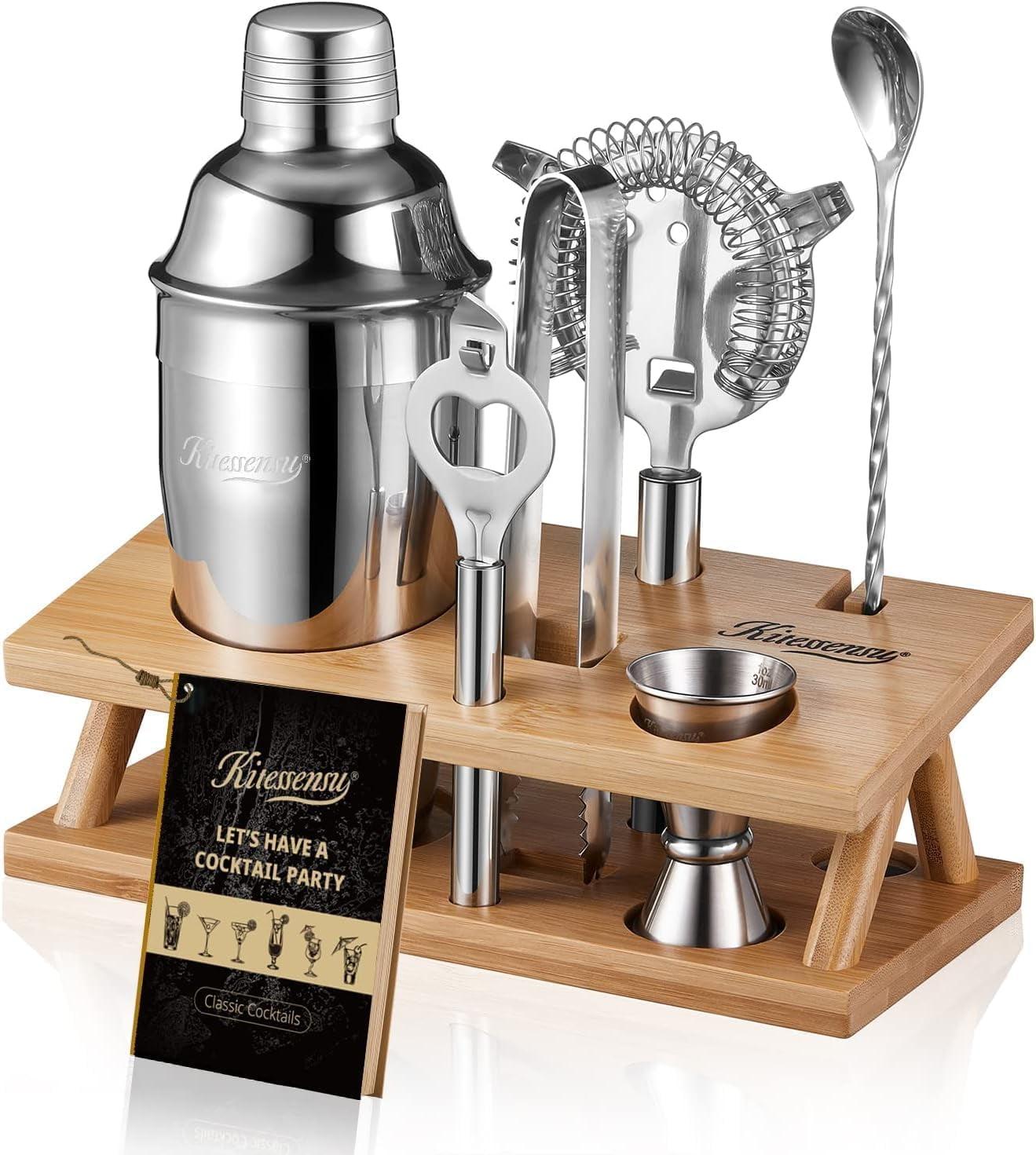 Stainless Steel Cocktail Shaker Set with Bamboo Stand