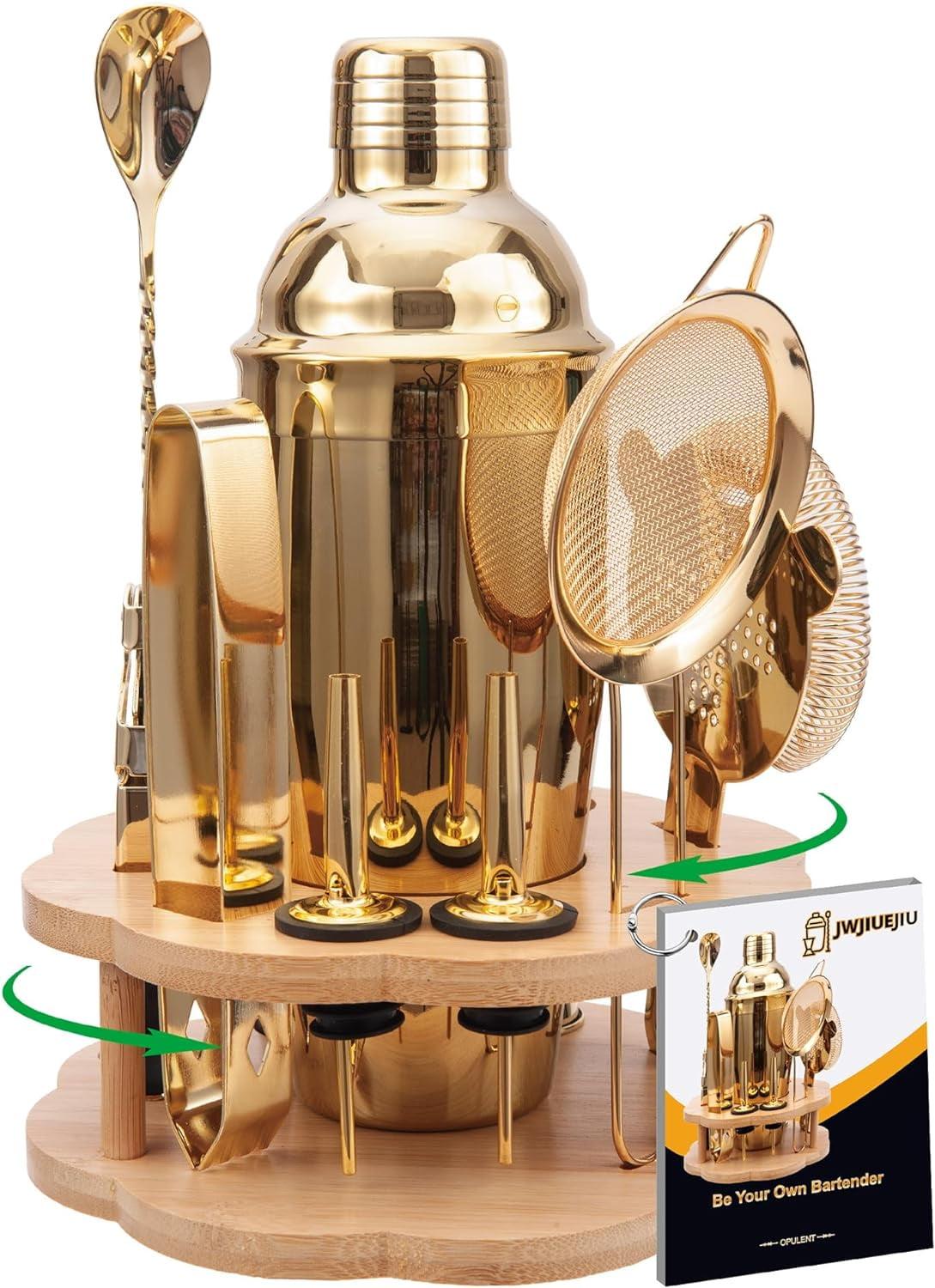 Gold Stainless Steel 11-Piece Cocktail Shaker Set with Bamboo Stand