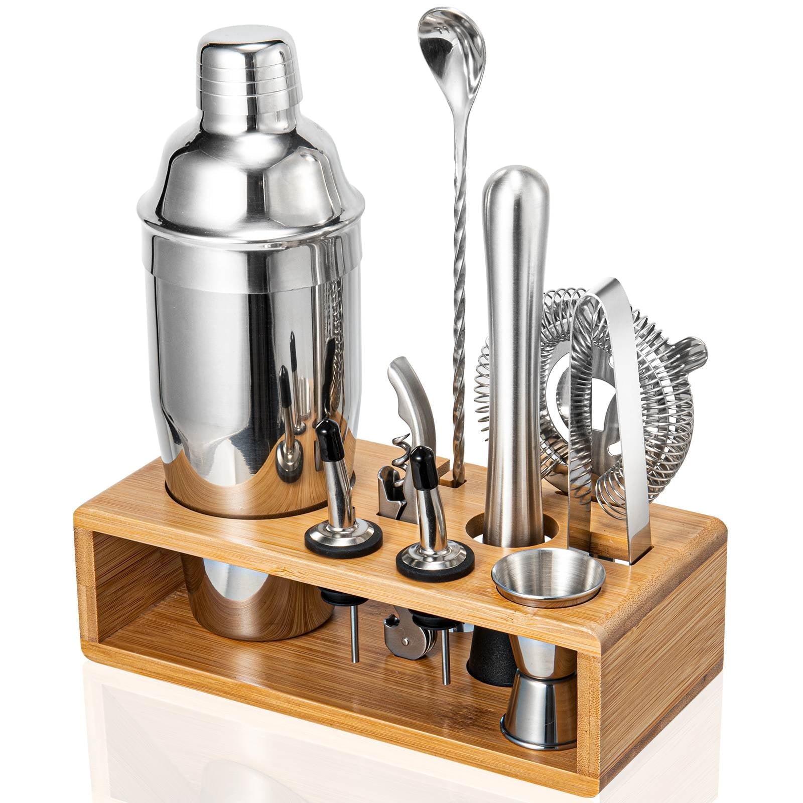 Silver Stainless Steel Bartending Set with Bamboo Rack