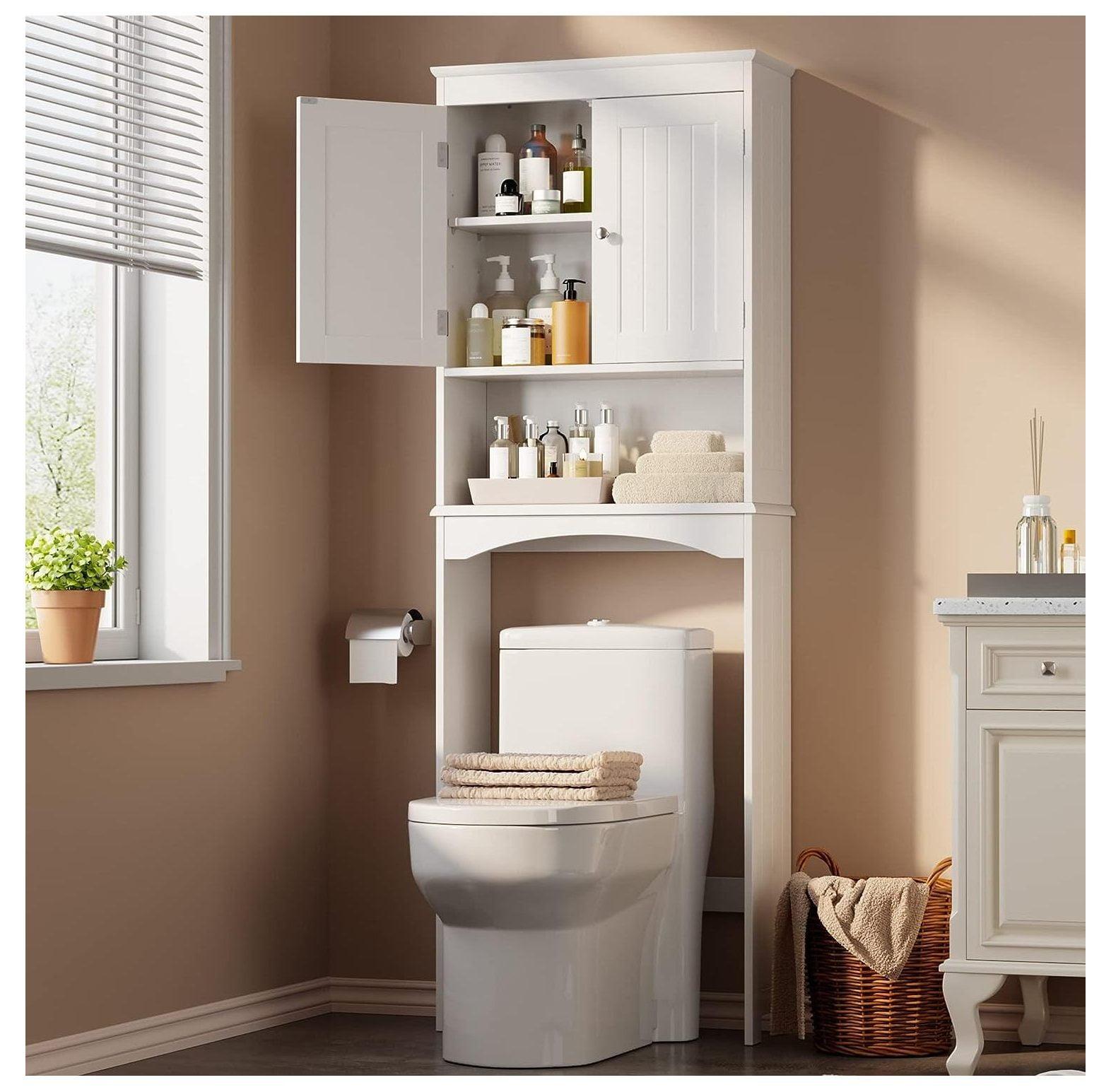 White Wooden Over-the-Toilet Storage Cabinet with Adjustable Shelf