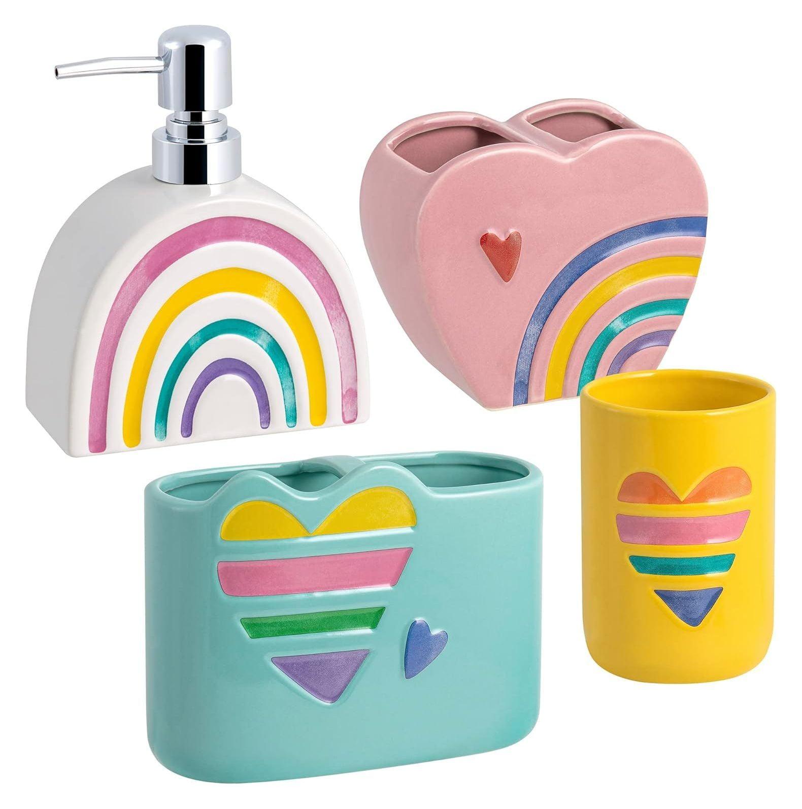 Rainbow Hearts Multicolored Ceramic 4-Piece Bathroom Accessory Set