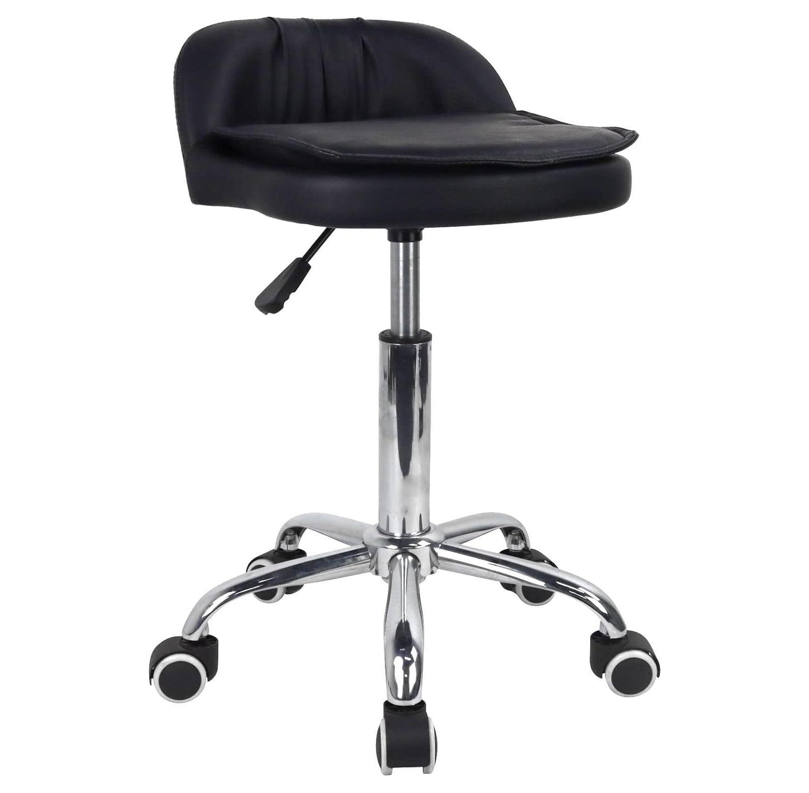 Rolling Stool Height Adjustable 360° Swivel with Universal Casters Leather Cushion with Low Back Rolling Chair with Wheels for Office Kitchen Desk Home Salon Shop Lab Bar Counter (Black)