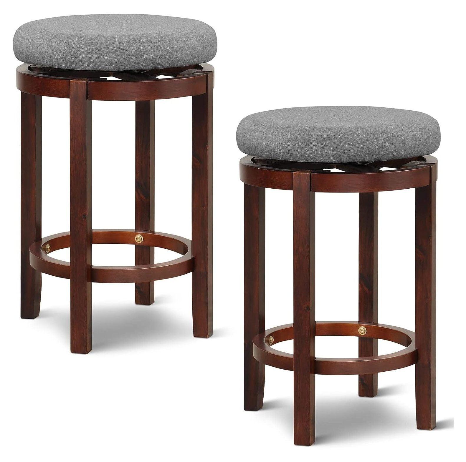 Costway Set of 2 Upholstered Swivel Round Bar Stools 26'' Wooden Pub Kitchen Chairs Gray