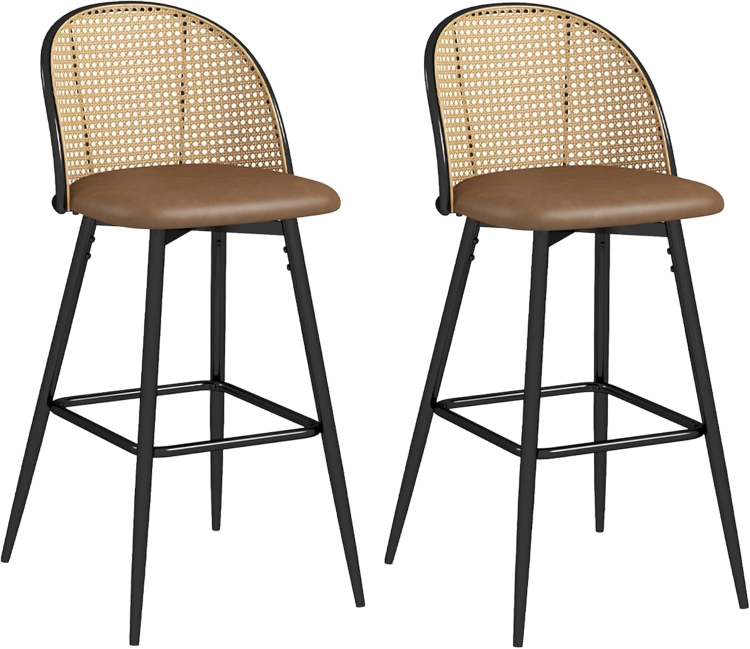 Brown Faux Leather and Rattan Swivel Bar Stools with Metal Legs, Set of 2