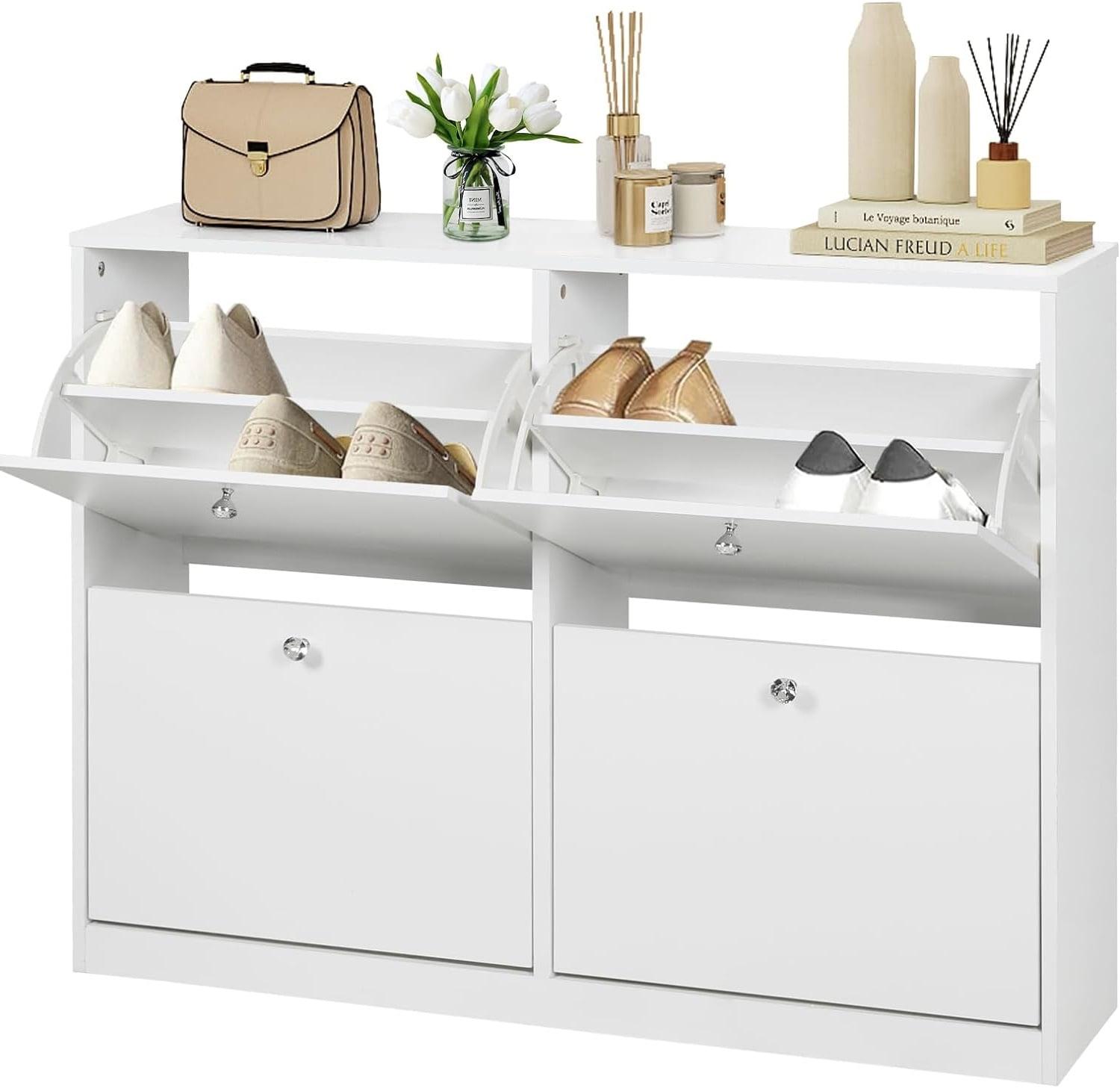 White MDF Entryway Shoe Cabinet with 4 Flip Drawers