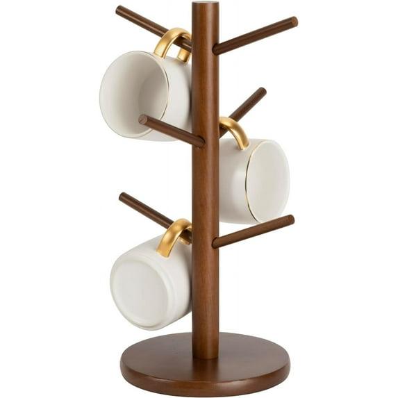 Coffee Mug Rack, Coffee Tree Mug Holders Countertop, Sturdy Wood Coffee Tree Mug Holder Stand with 6 Hooks, Non-Slip Mug Rack for Home Storage and Organizer, Nut-brown