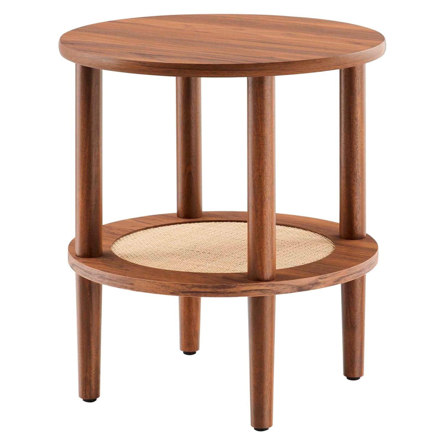 Walnut Round Wood Side Table with Rattan Shelf