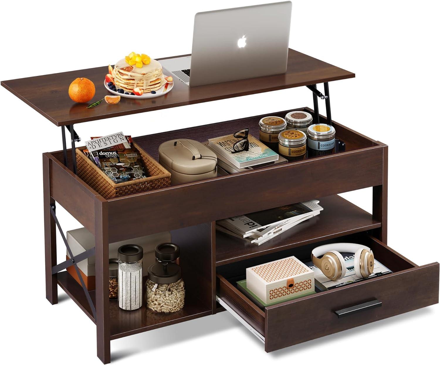 Espresso 39" Lift-Top Coffee Table with Storage Drawers and Shelf