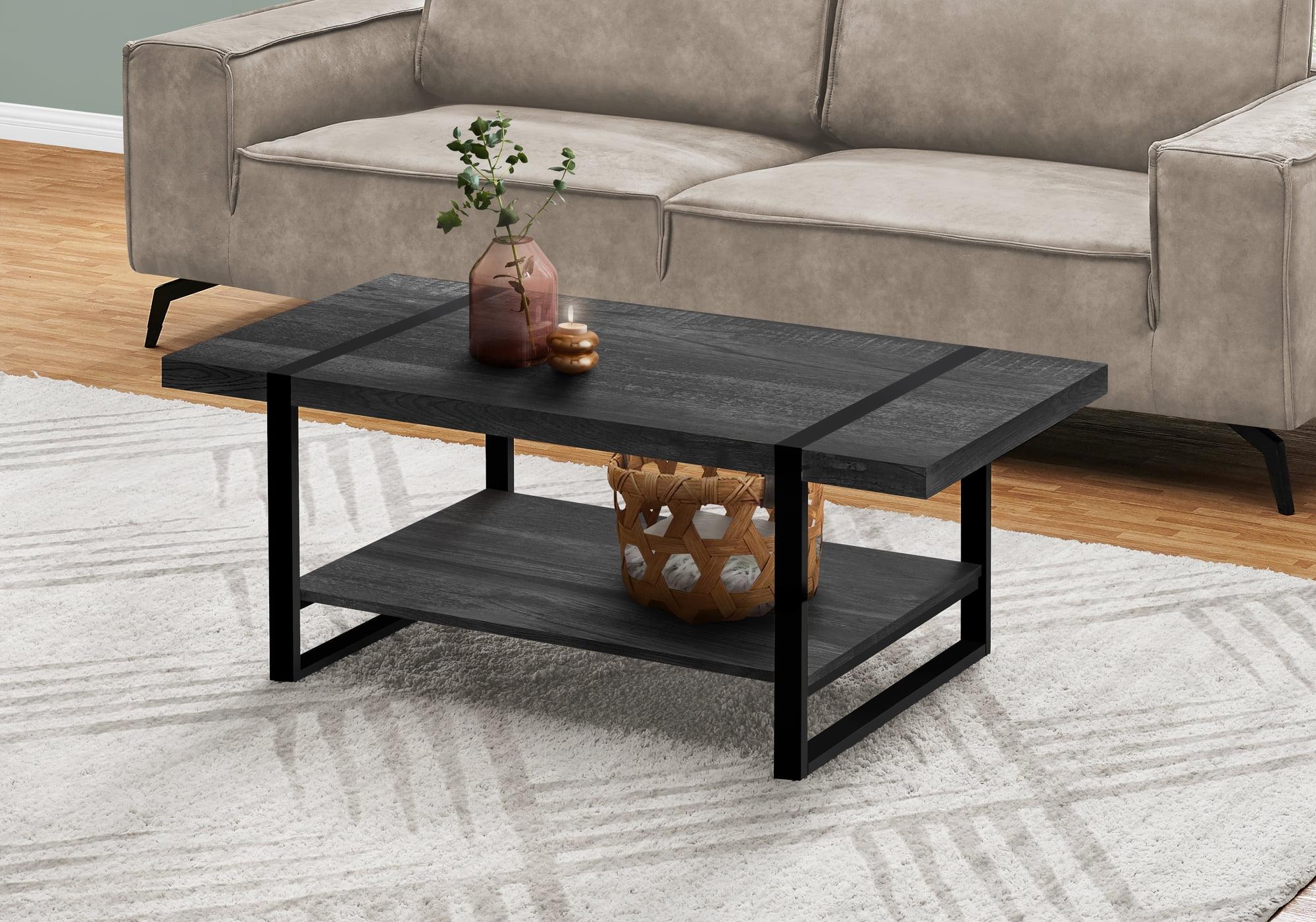 Black Rectangular Wood Coffee Table with Storage Shelf