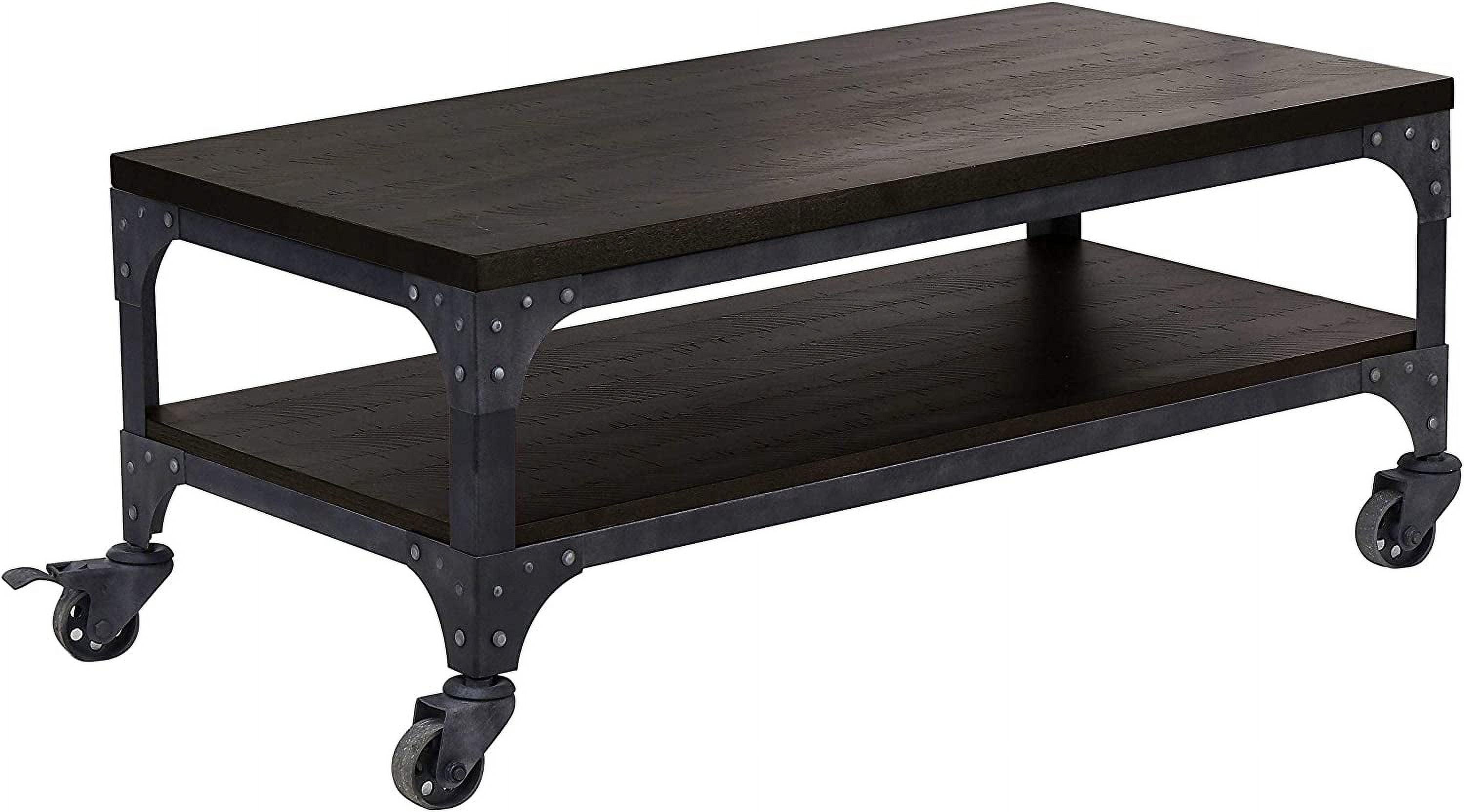 Rustic Espresso Rectangular Wood and Metal Coffee Table with Wheels