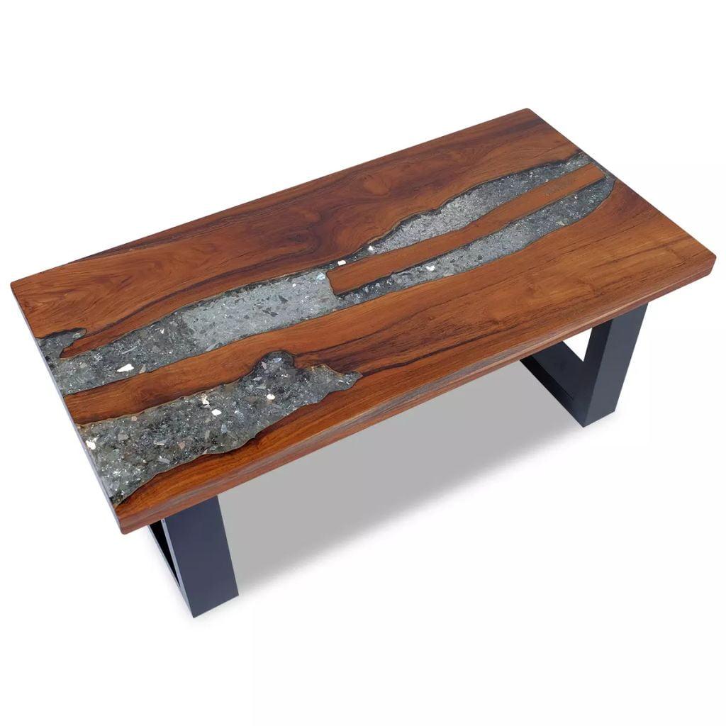 Rustic Teak and Mango Wood Coffee Table with Resin Inlay