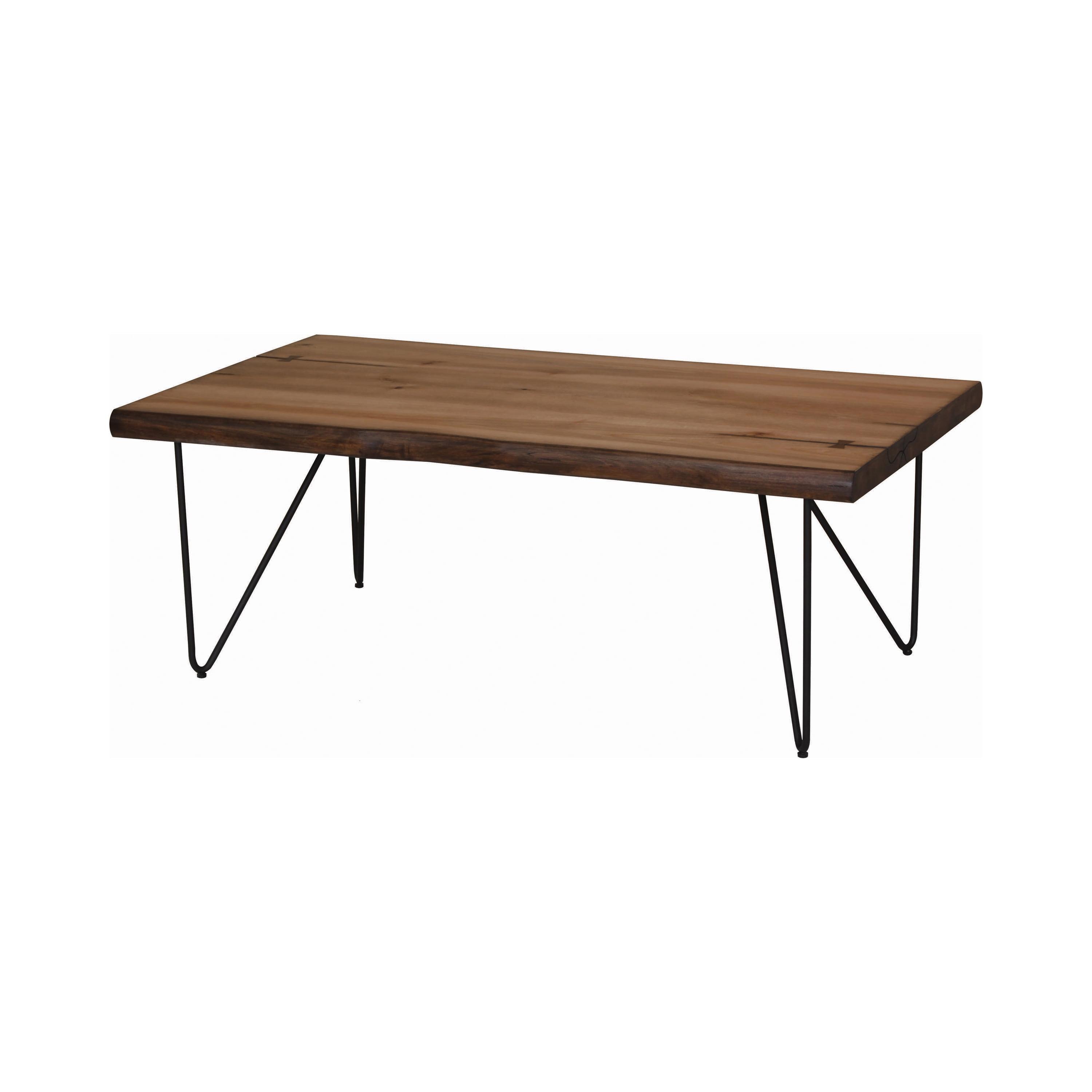 Transitional Natural Honey Rectangular Coffee Table with Metal Hairpin Legs