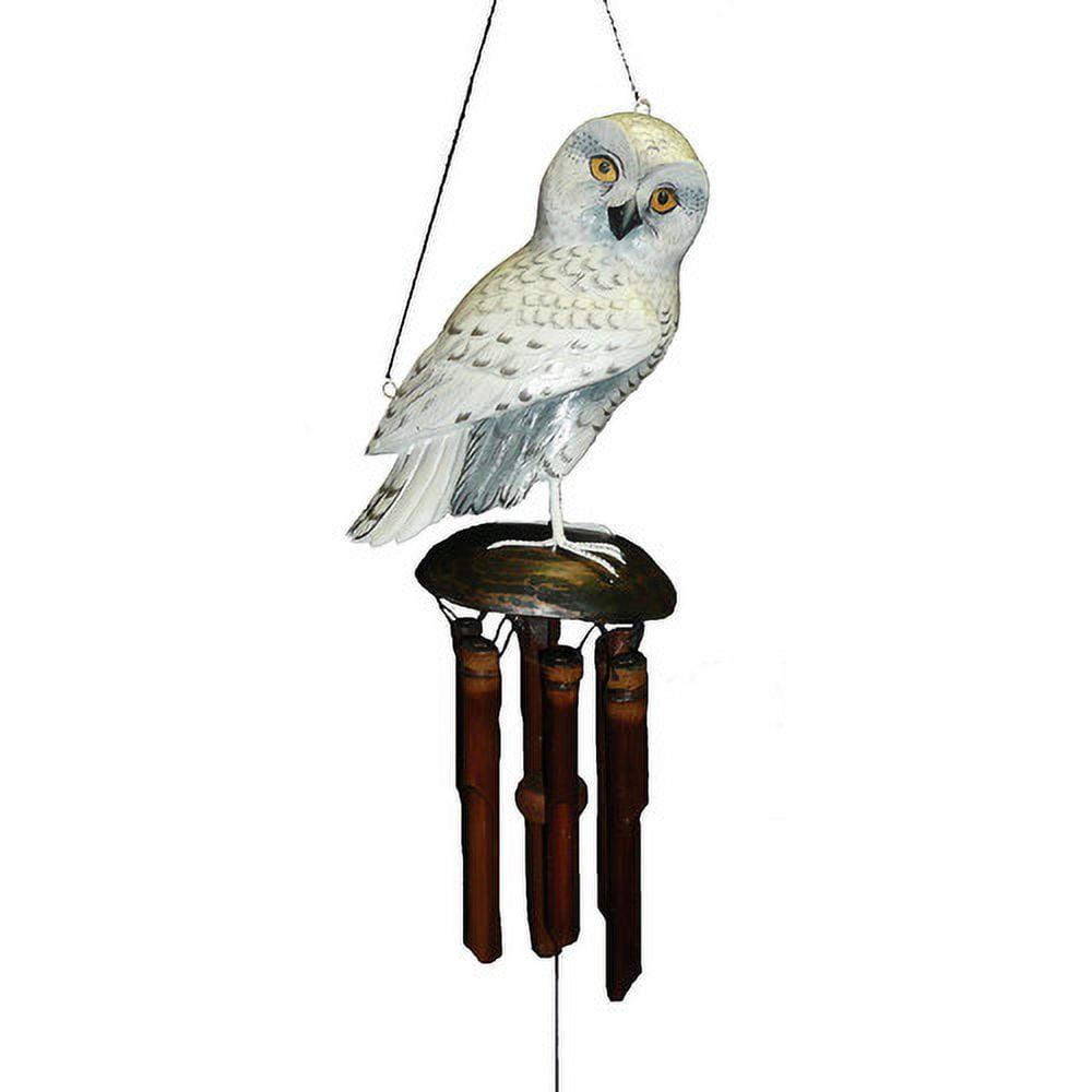 Handcrafted Snowy Owl Bamboo Wind Chime with Natural Finish