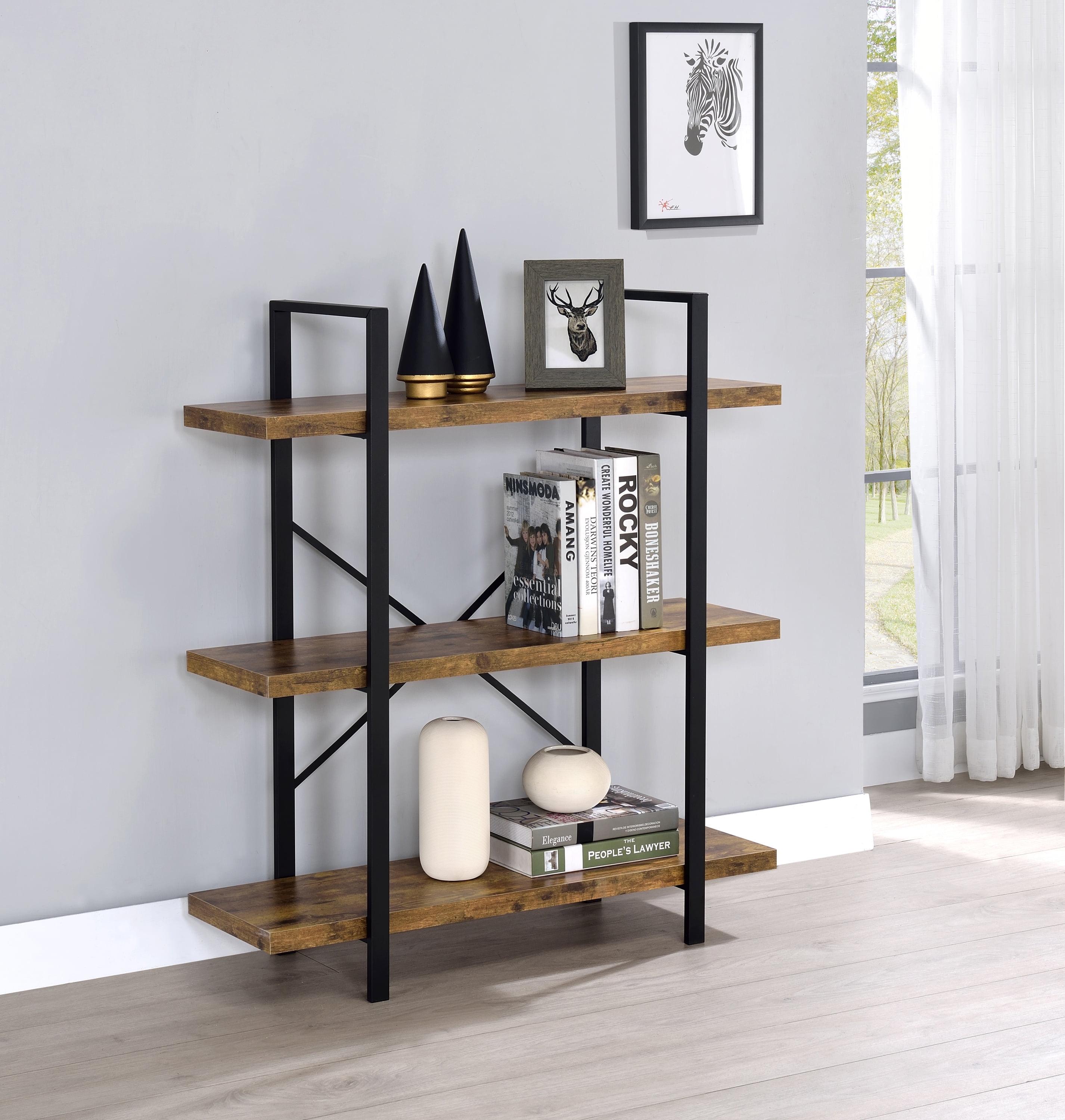 Transitional Black and Brown Wood 3-Shelf Bookcase