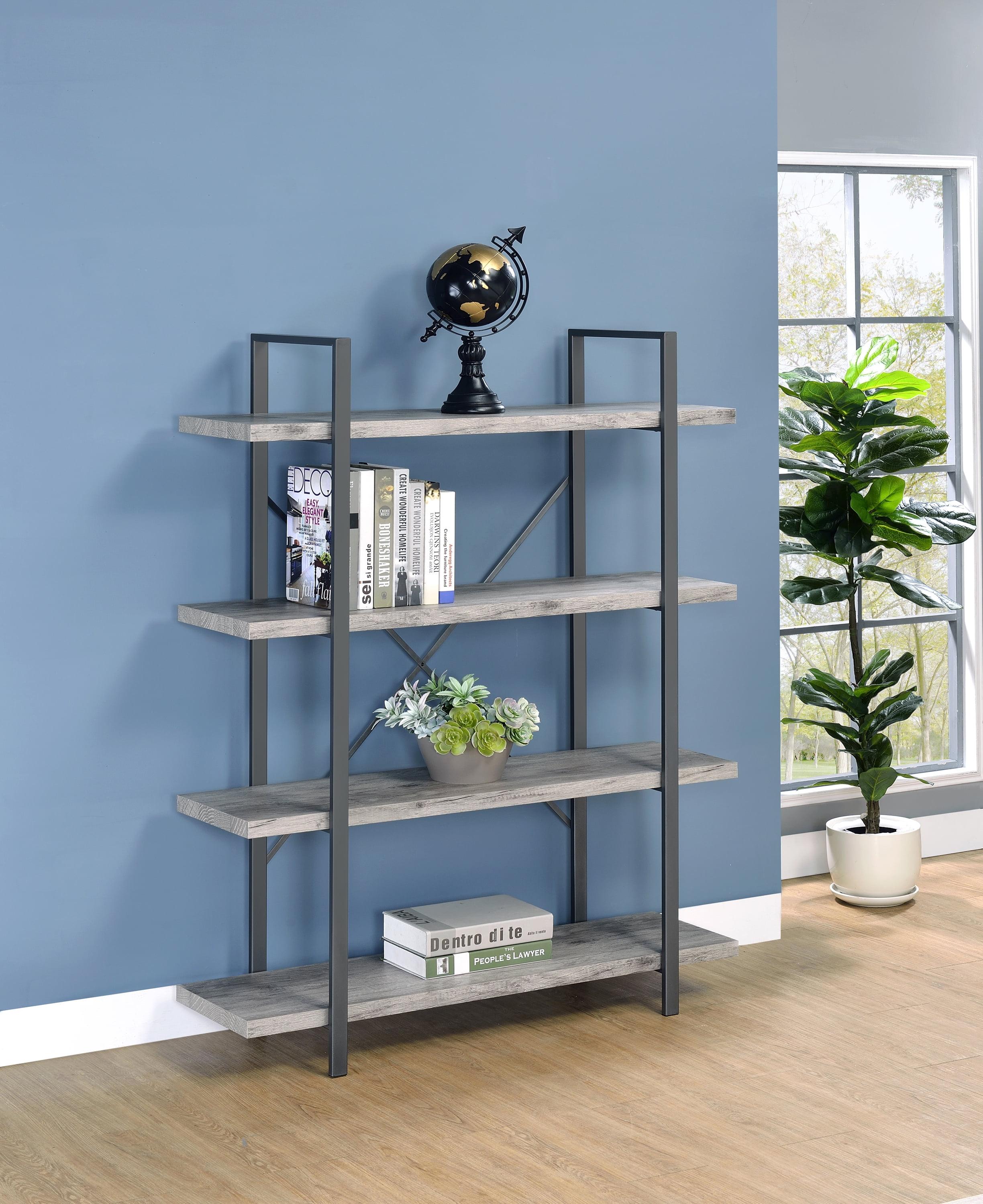 Pearl Silver 55" Transitional 4-Shelf Bookcase with Cross-Back Design