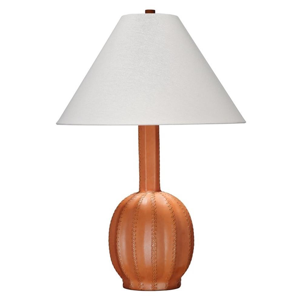 Tan Leather Table Lamp with White Linen Shade