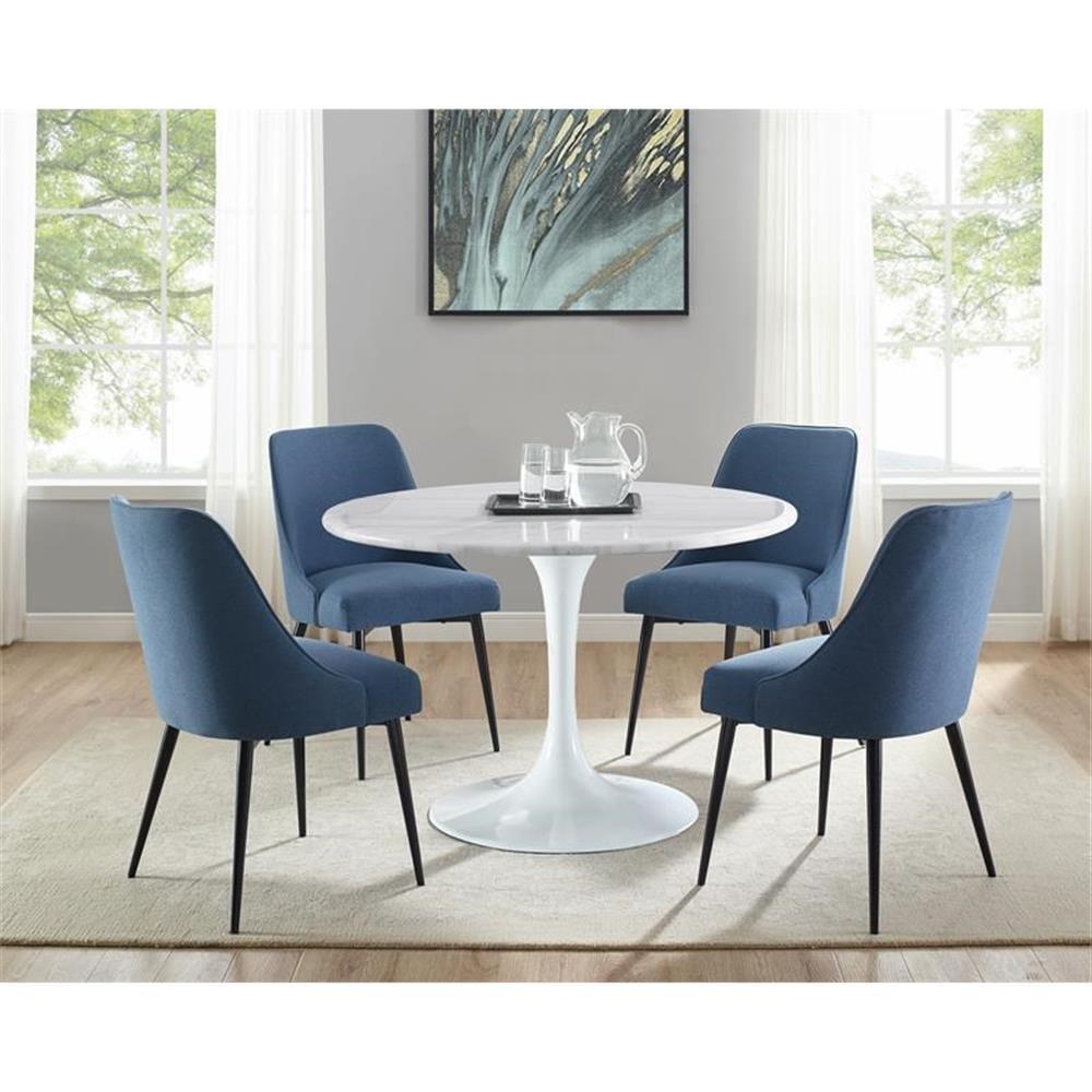 White Marquina Marble Round Dining Set with Blue Upholstered Chairs