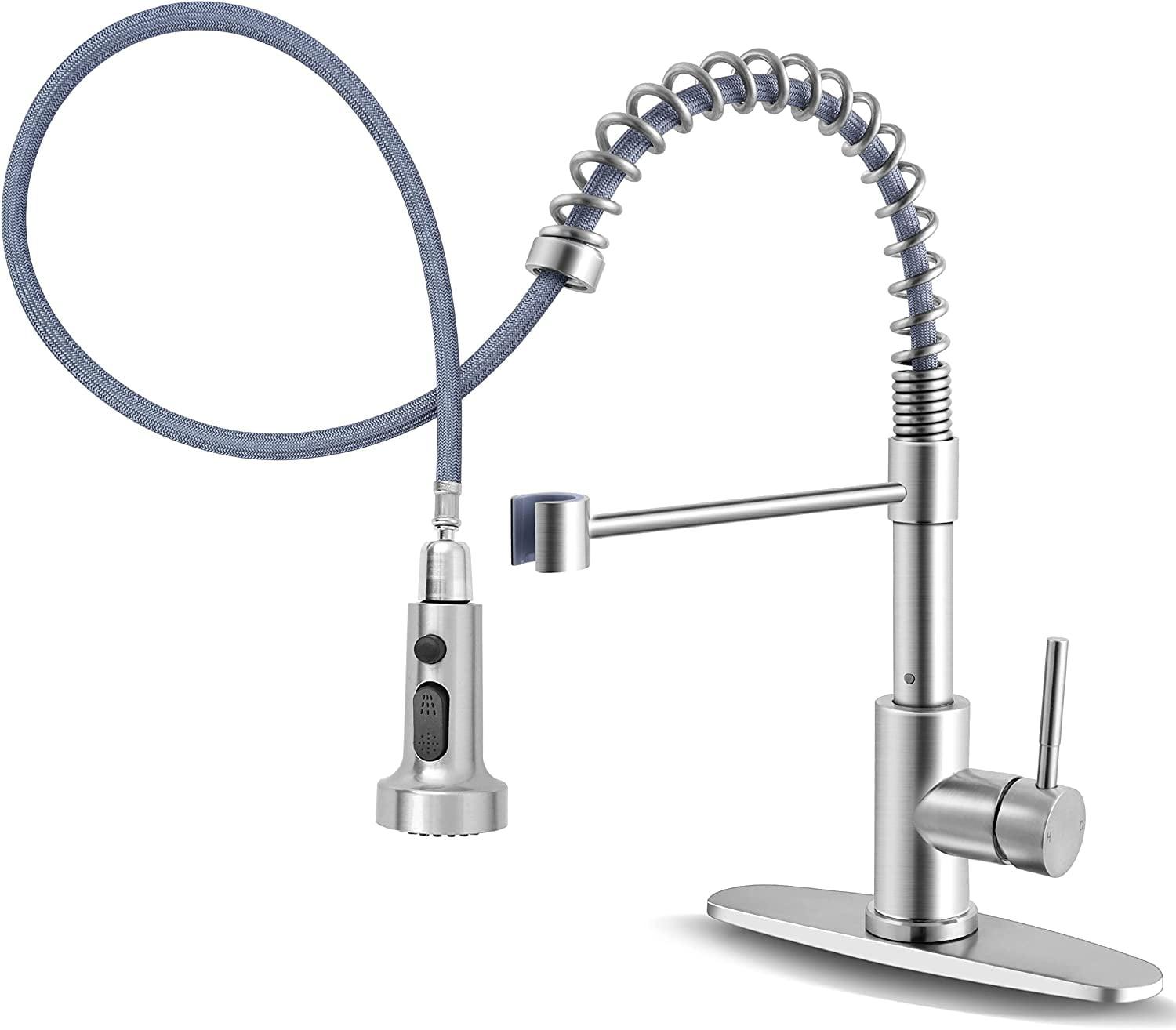 Coliware Kitchen Sink Faucet Brushed Nickel with Pull Down Sprayer, Stainless Steel Spring Kitchen High Arc Commercial Faucets with Deck Plate 1 or 3 Hole