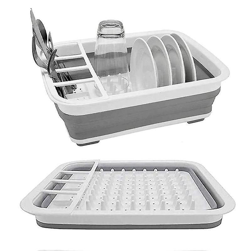 Gray and White Collapsible Plastic Dish Drying Rack