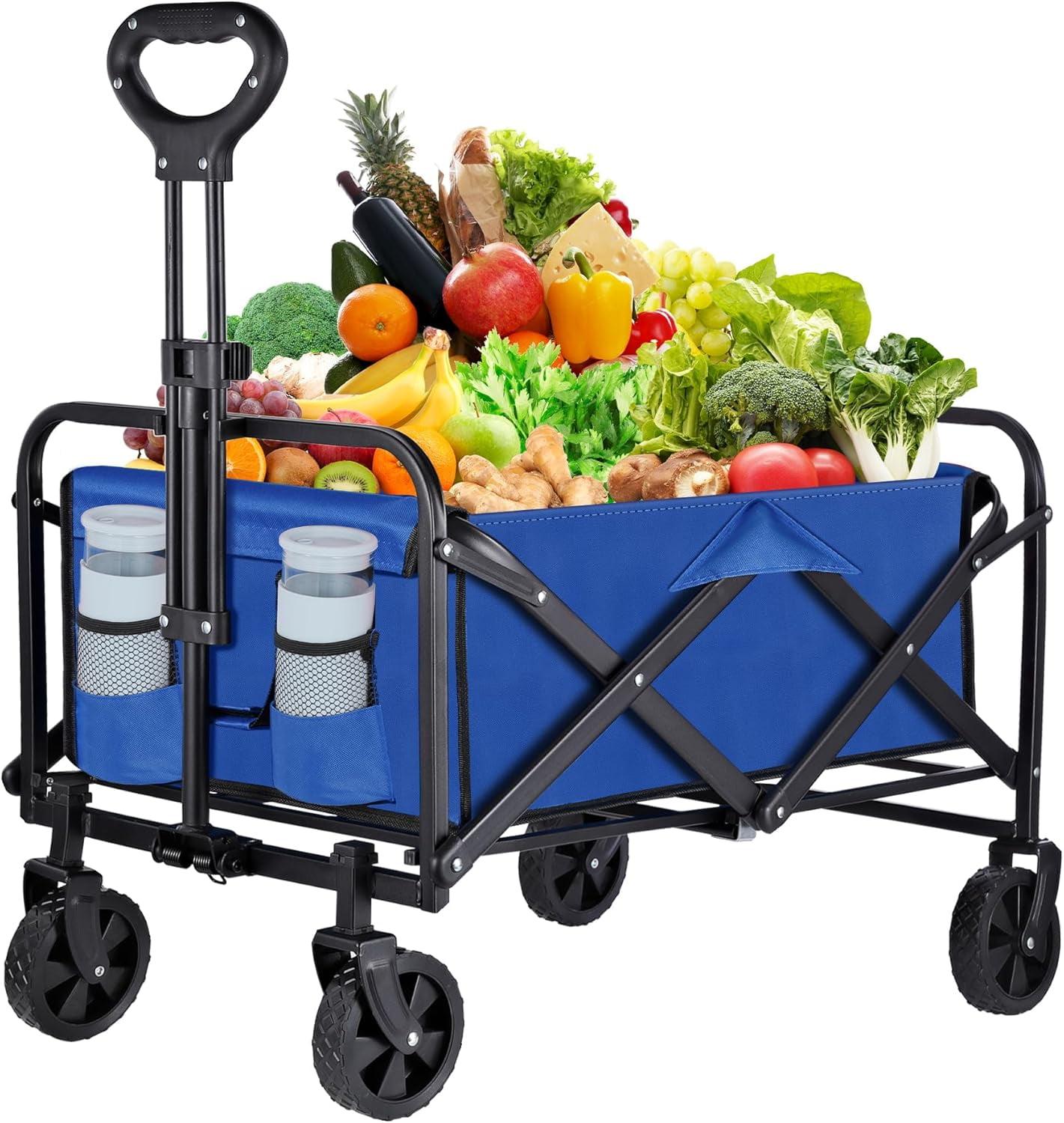 Blue Heavy-Duty Folding Utility Wagon with Adjustable Handle